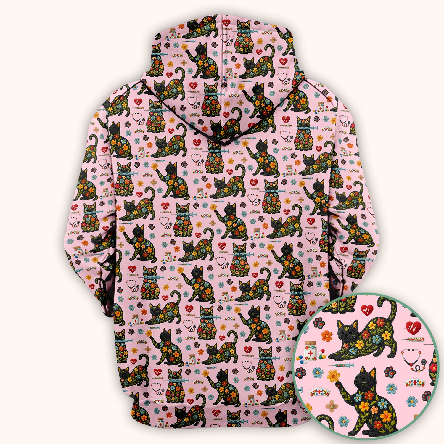 Floral Black Cat Pattern Scrub Top, Cute Cat Nurse Scrub Shirt, Medical Nursing Uniform