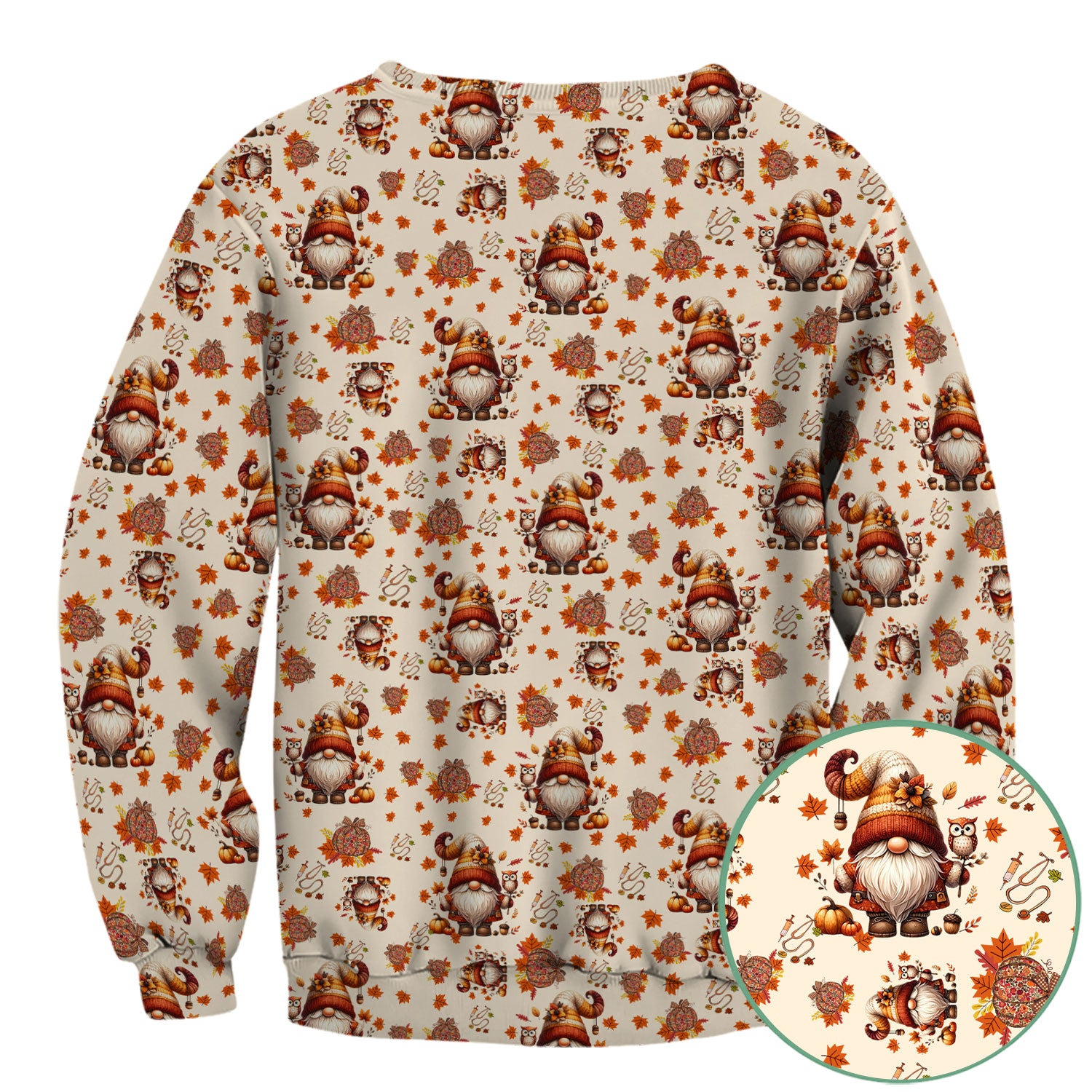 Fall Gnome Nurse Scrub Top for Women - Autumn Leaves Pumpkin Shirts - Thanksgiving Nursing Uniform Gift for RN LPN CNA