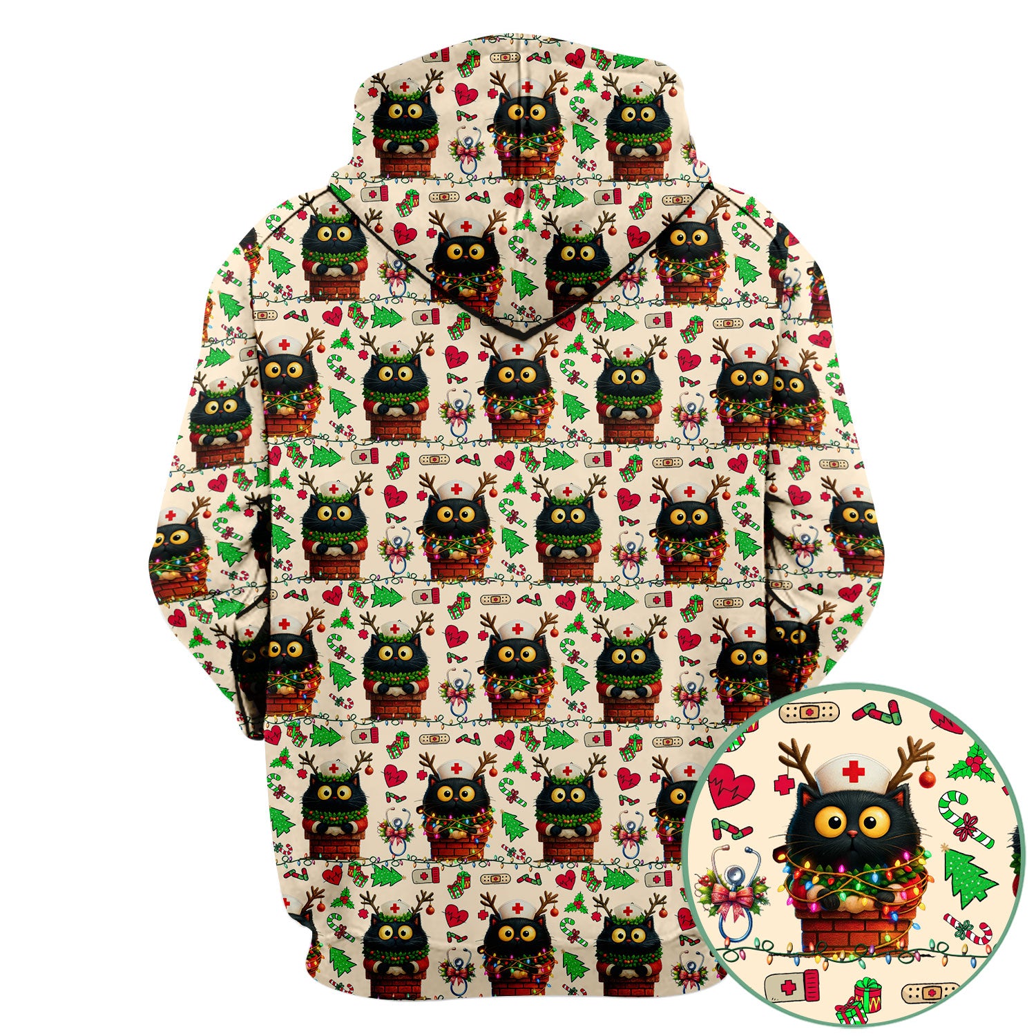 Funny Black Cat Scrub Top for Nurse - Cute Reindeer Cat with Christmas Lights Shirt - Festive Holiday Medical Gift for RN CNA LPN