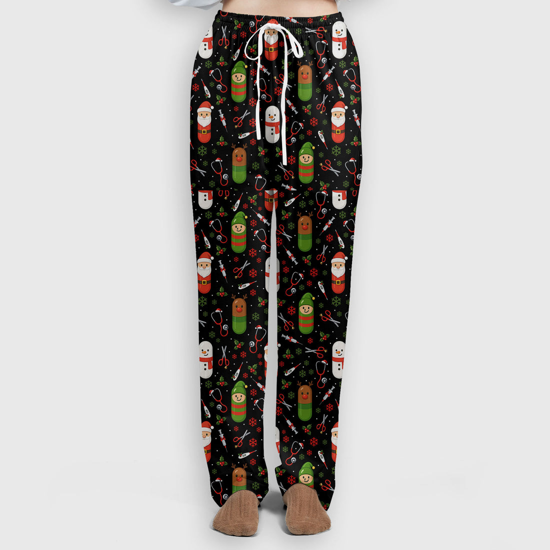 Santa Christmas Scrubs Set - Cute Holiday Pattern with Reindeer and Snowman - Fun Medical Scrub Top and Pants for Women Nurses
