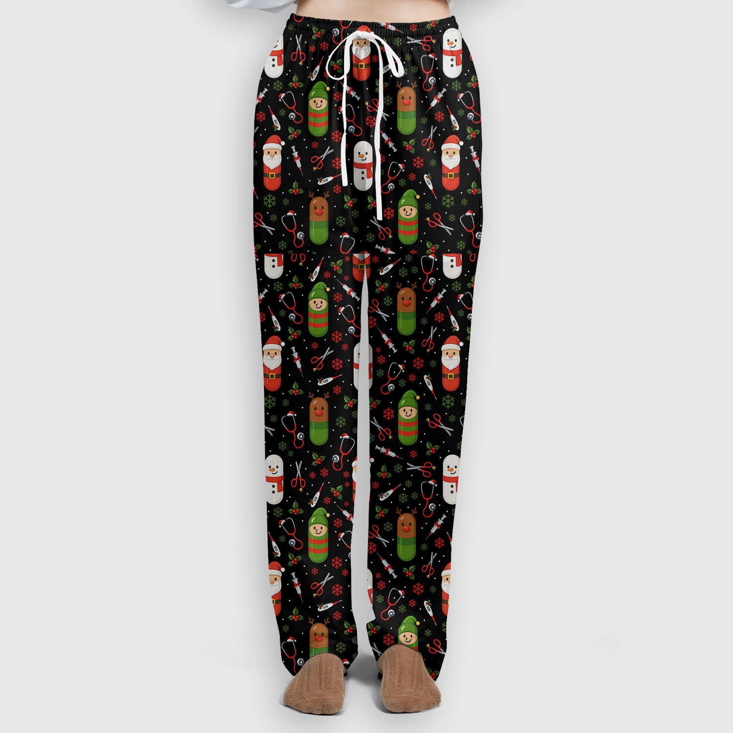 Santa Christmas Scrubs Set - Cute Holiday Pattern with Reindeer and Snowman - Fun Medical Scrub Top and Pants for Women Nurses