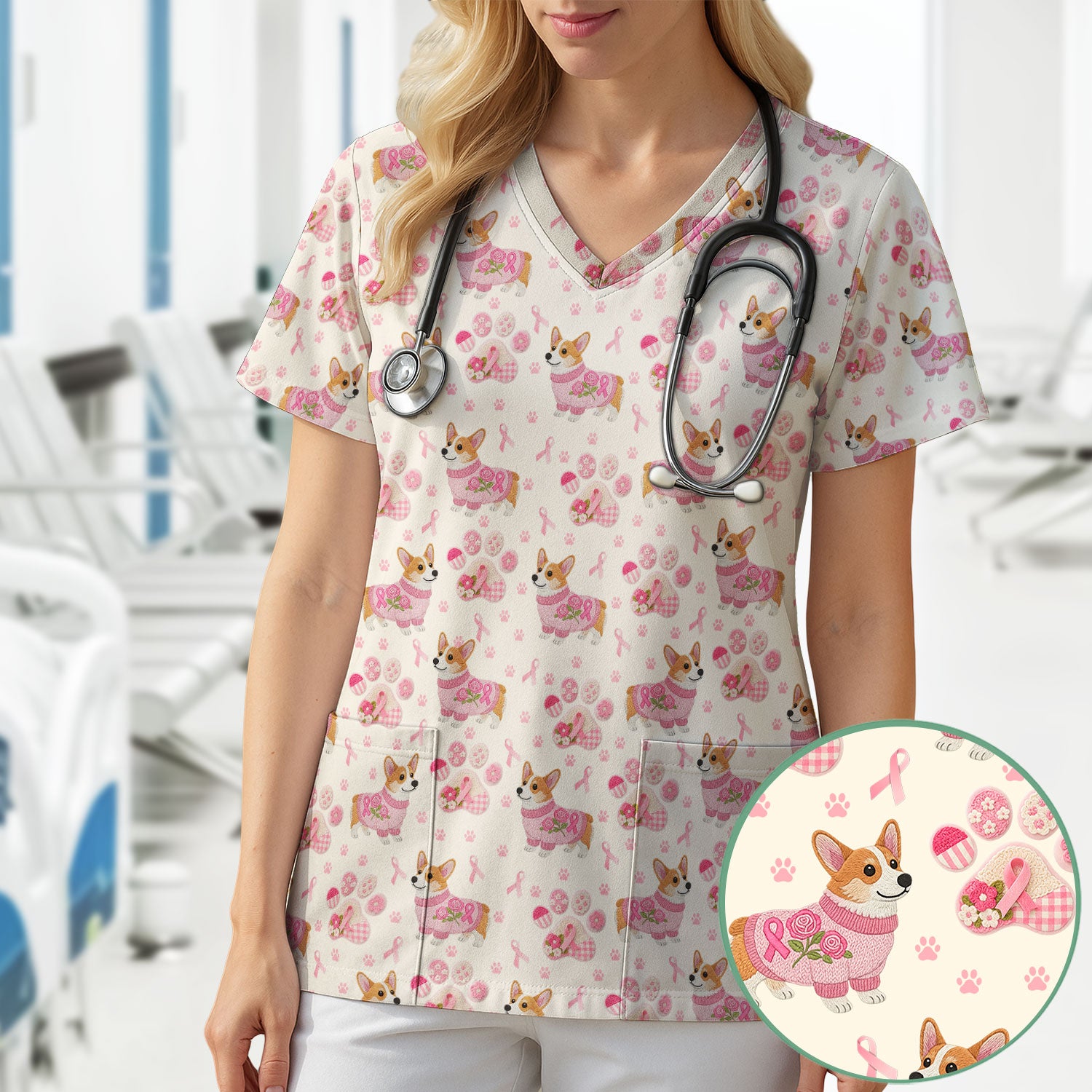 Floral Corgi Scrub Top for Women - Cute Dog Paw Print with Pink Ribbon Shirt - Breast Cancer Awareness October Gift