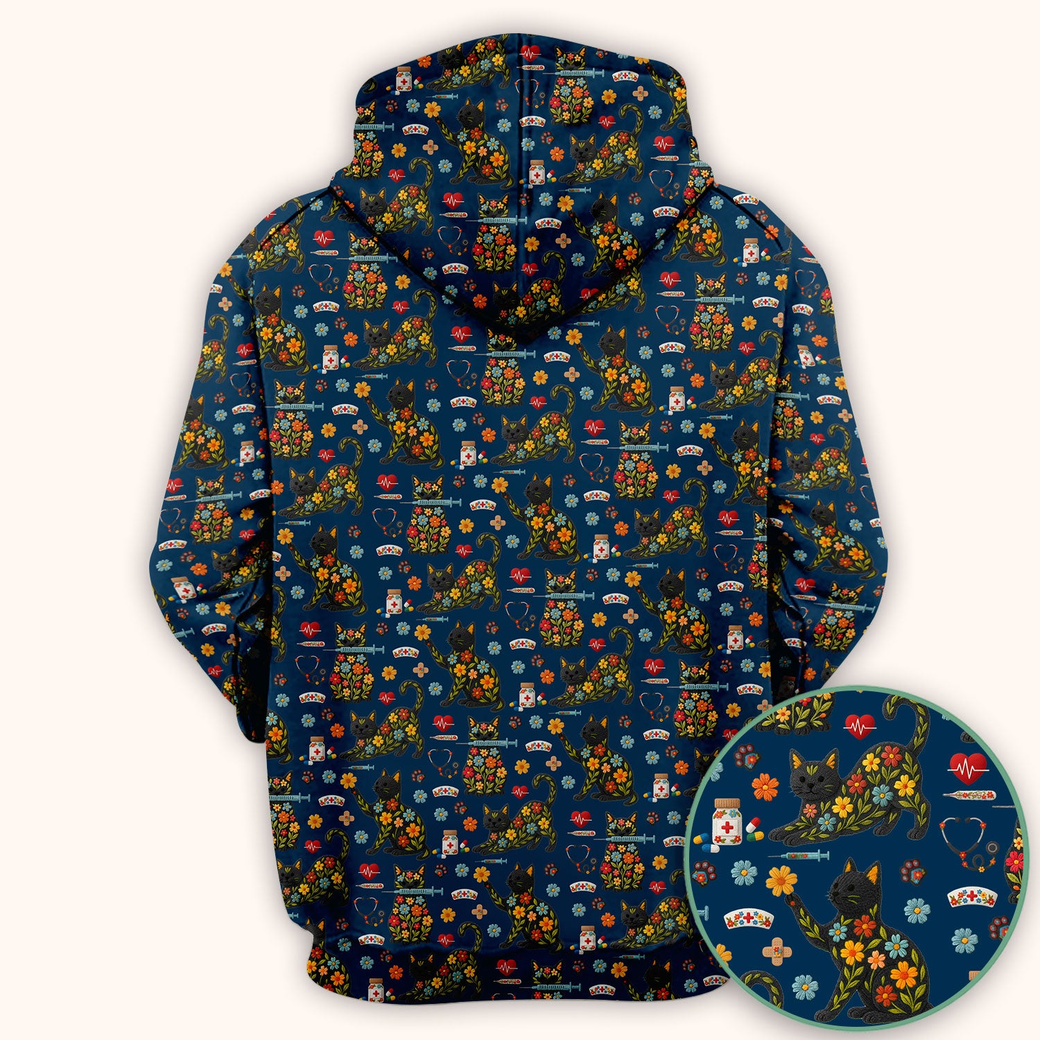 Floral Black Cat Pattern Scrub Top, Cute Cat Nurse Scrub Shirt, Medical Nursing Uniform