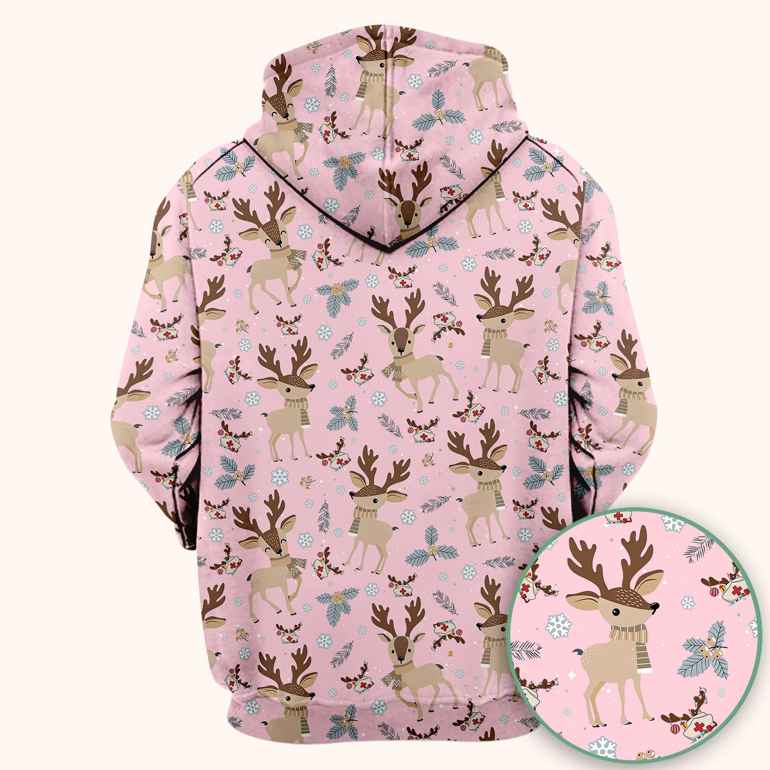 Reindeer Christmas Scrub Top - Cozy Beige Holiday Nurse Shirt with Cute Deer Pattern - Festive Medical Scrubs for Women RN CNA LPN