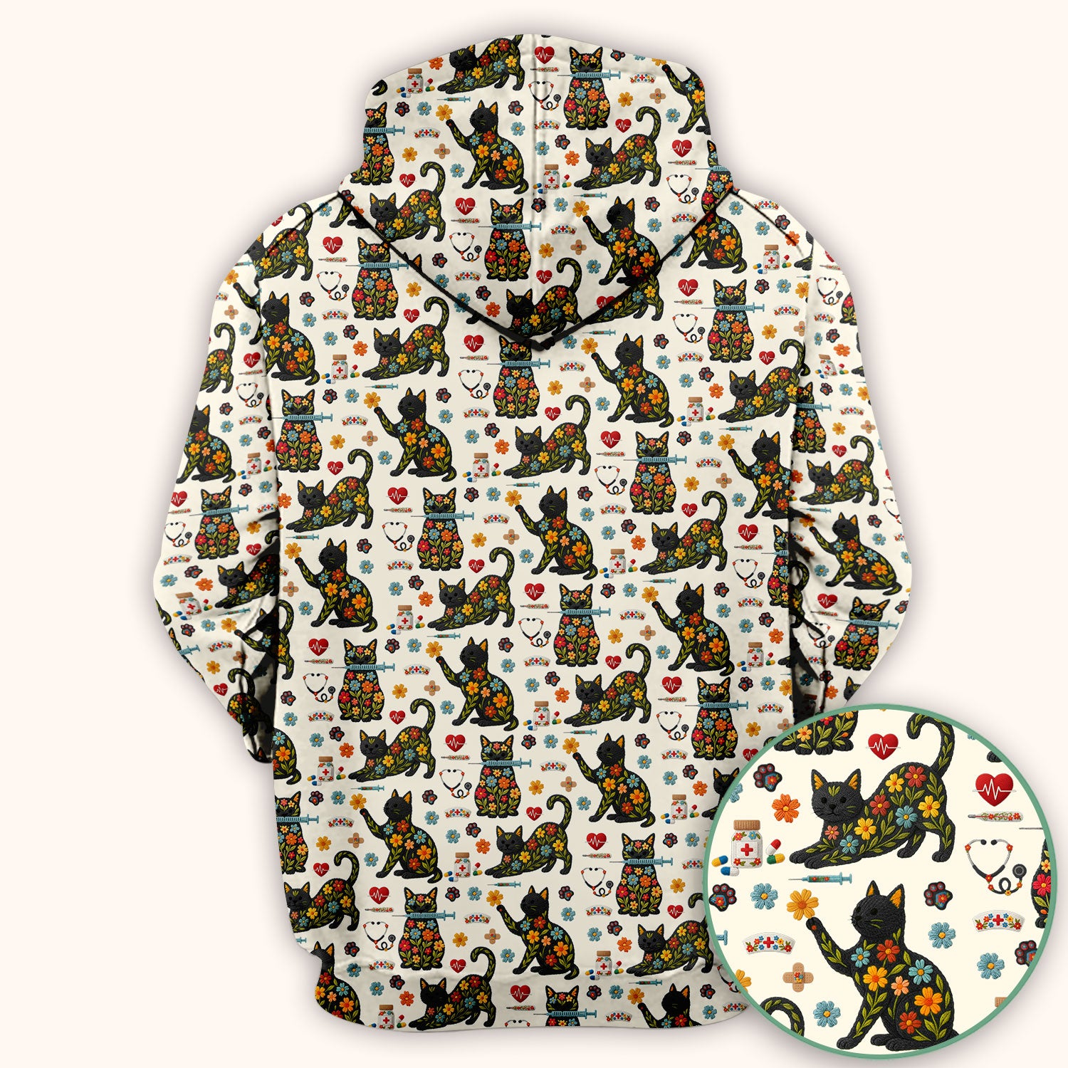 Floral Black Cat Pattern Scrub Top, Cute Cat Nurse Scrub Shirt, Medical Nursing Uniform