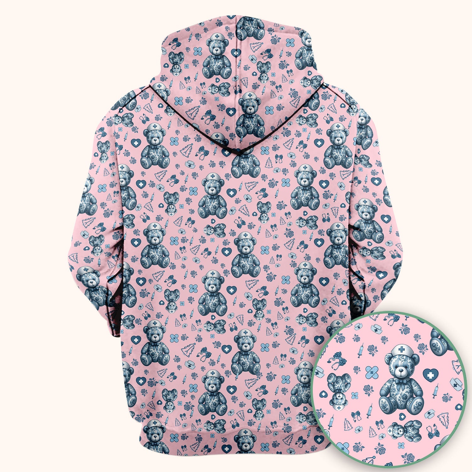 Toile Teddy Bear Nurse Scrub Top - Elegant Blue Toile de Jouy Pattern Medical Shirt for Women - Cute Vintage Nursing Uniform Gift