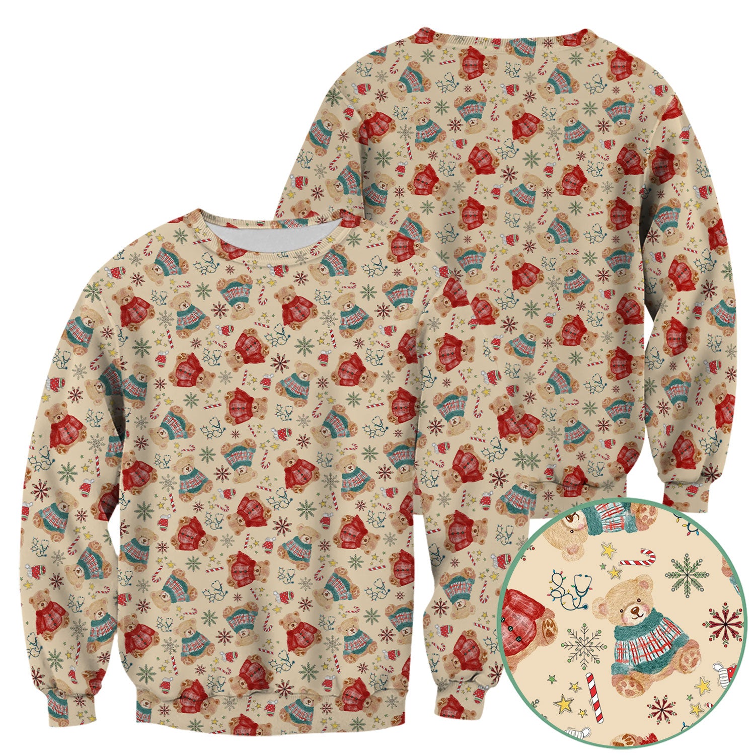 Christmas Bear Scrub Top - Cute Holiday Teddy Print Scrubs for Nurses - Funny Xmas Medical Scrub Shirt Gift for Women CNA RN
