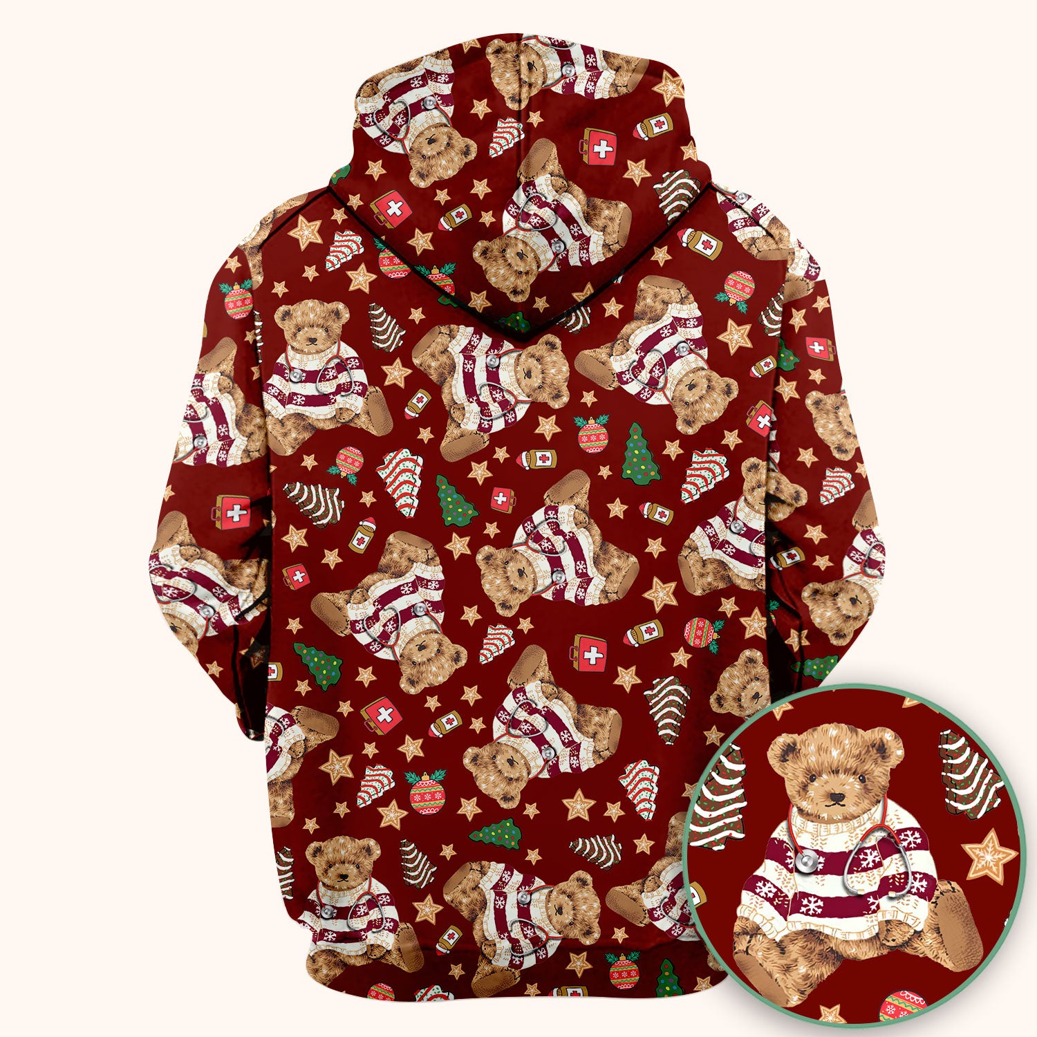 Teddy Bear Christmas Scrub Top - Cute Holiday Medical Pattern with Warm Sweater Bear - Gift for Nurses RN CNA LPN