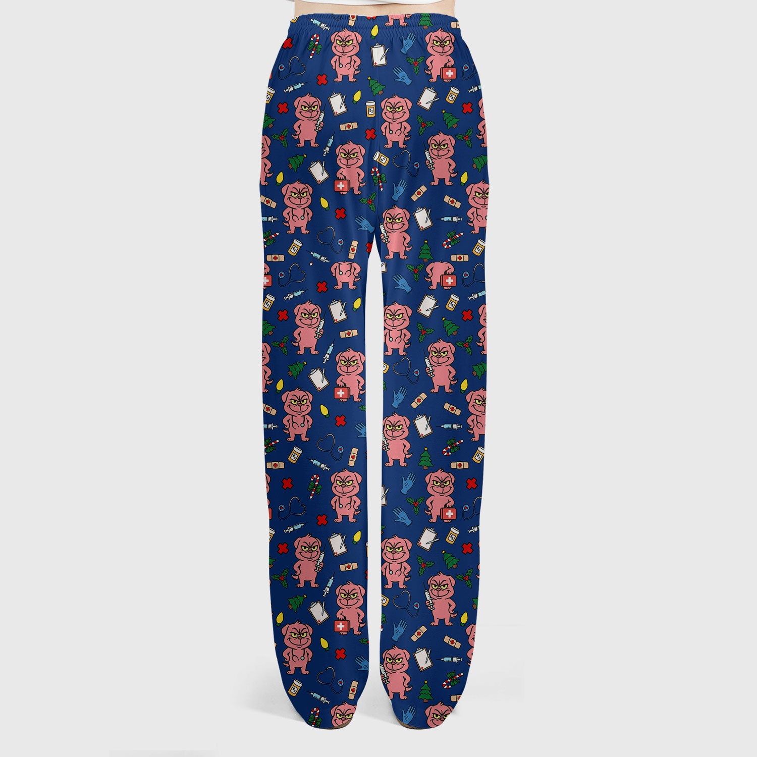 Christmas Scrub Set for Nurses - Funny Pink Dog Pattern - Holiday Nurse Scrubs with Tree, Bandage and Stethoscope Print