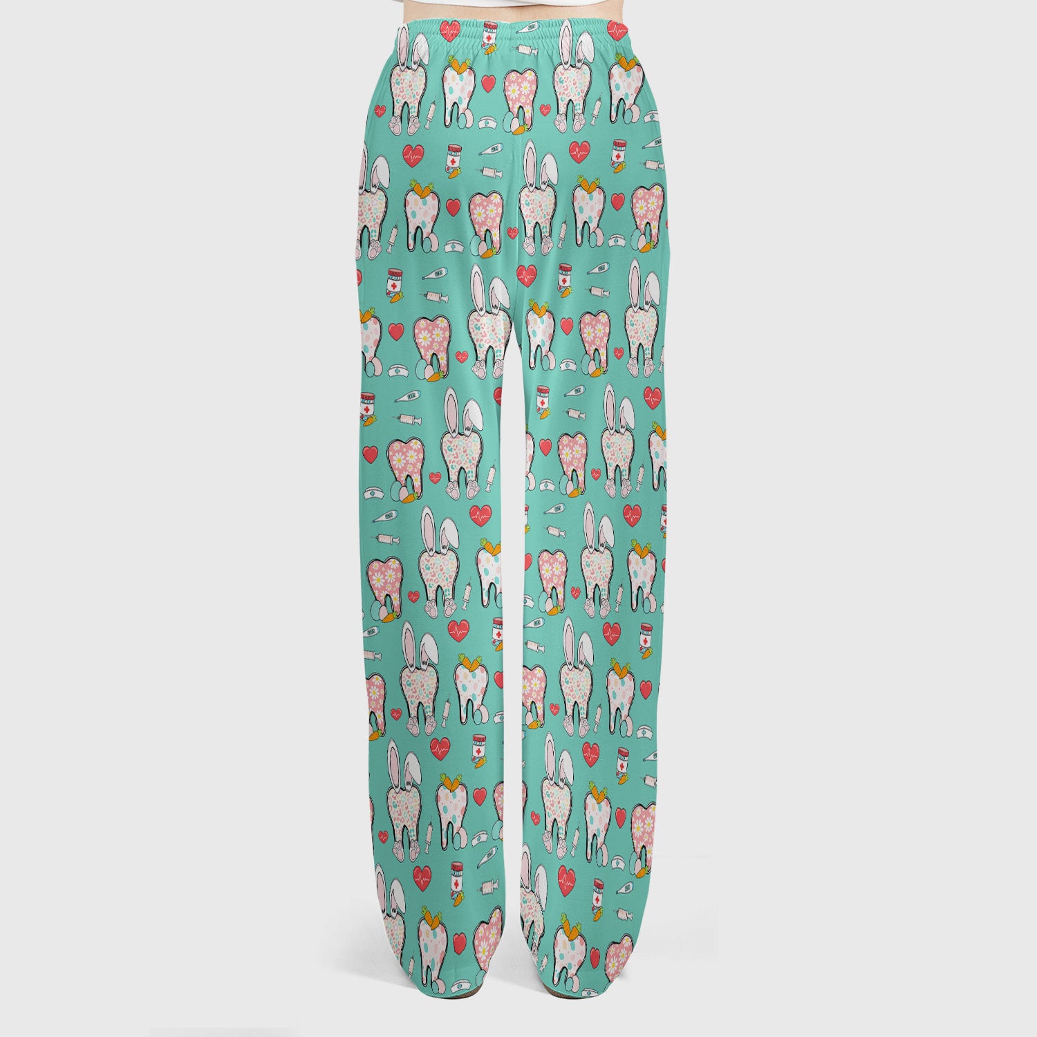Playful Bunny Dentist Illustration Medical Set, Scrub Pants and V Neck Top