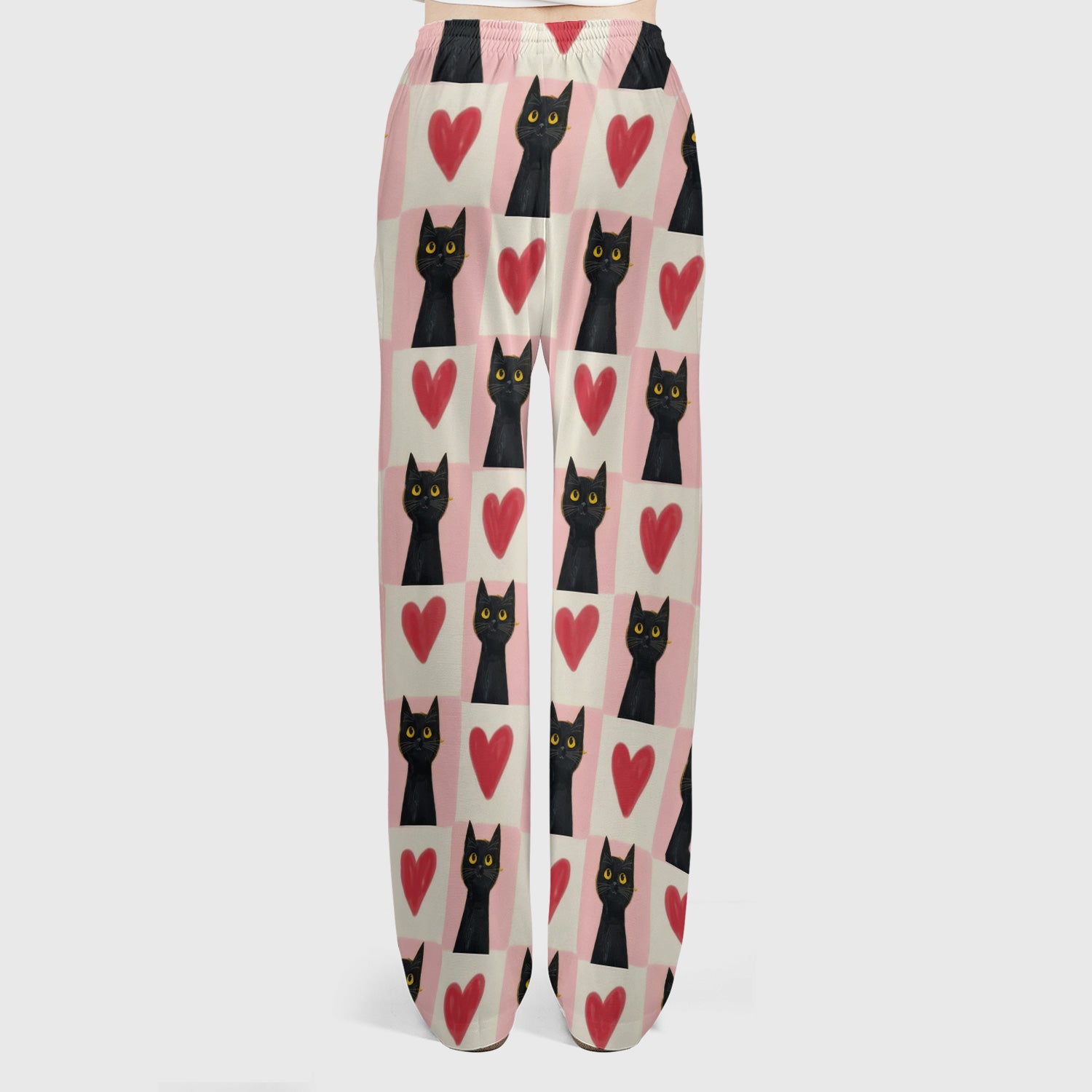 Cute Black Cat Heart Print Medical Scrub Set V Neck, Nursing Uniform