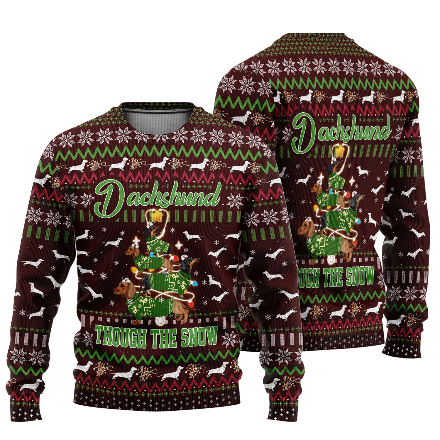 Dachshund Through The Snow Christmas Ugly Sweater - Funny Sausage Dog Xmas Tree Nurse Shirt - Cute Holiday Medical Uniform