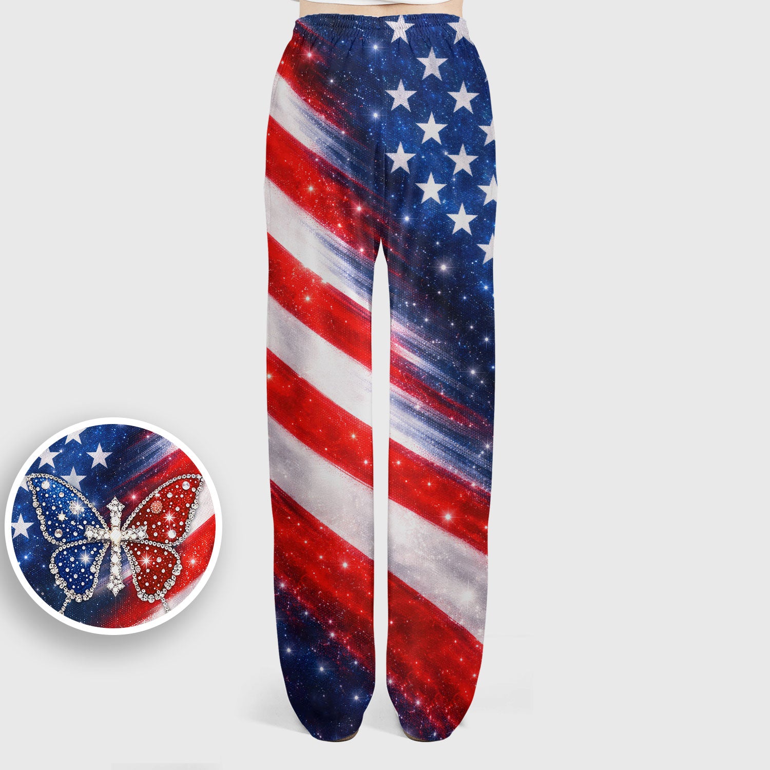 USA Flag Glitter Butterfly Rhinestone Pattern Scrub Sets, Breathable Med Uniform