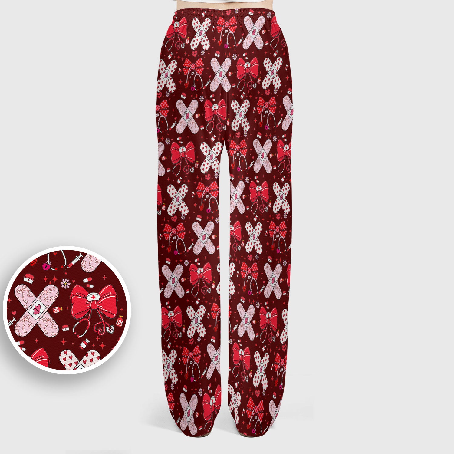 Valentine Nurse Scrub Set, Red Bow And Heart Bandage Pattern Medical Shirt, Breathable Fabrics Nursing Uniform