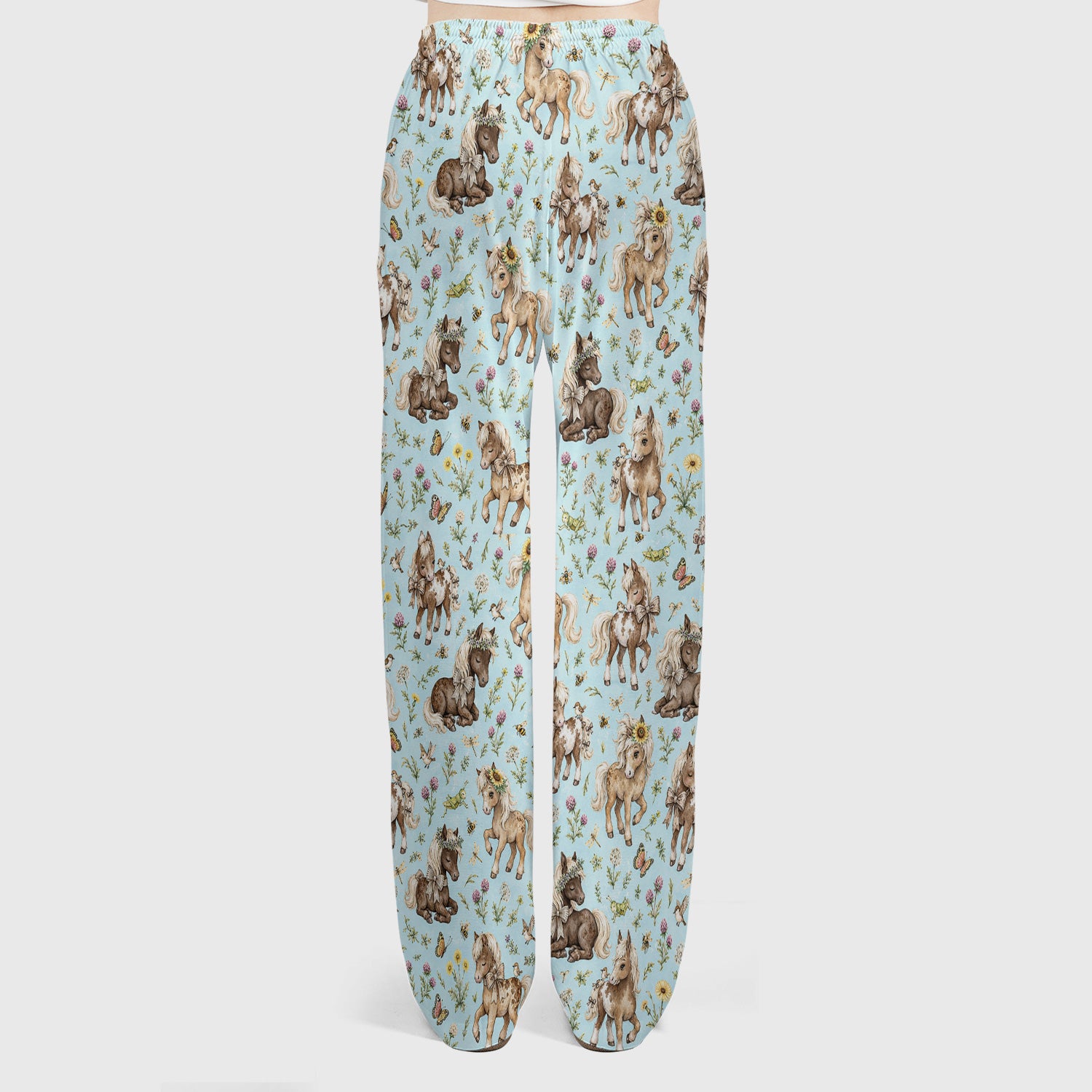 Cute Pony Garden with Butterfly Floral Meadow Print Scrub Set, Scrub Pants and V Neck Top