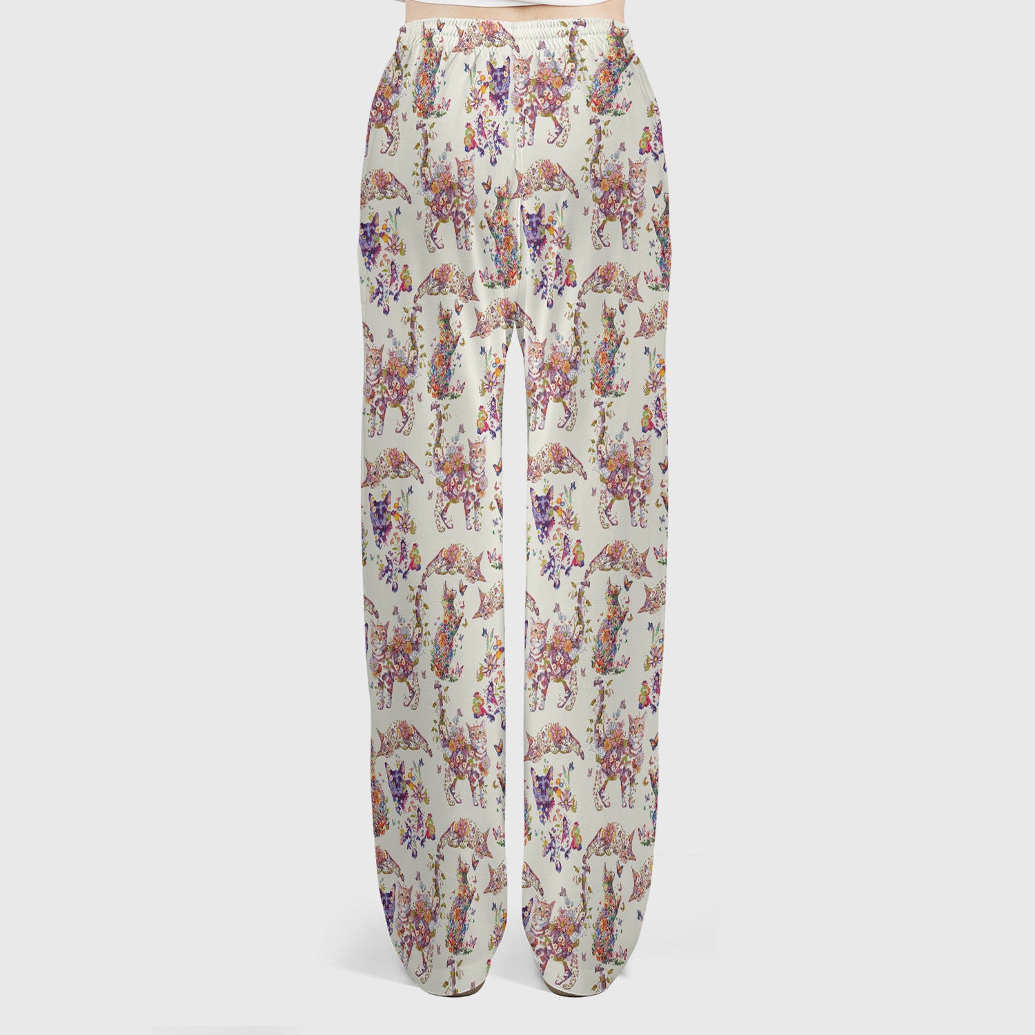 Whimsical Floral Cat Garden Pattern Scrub Set, Scrub Pants and V Neck Top