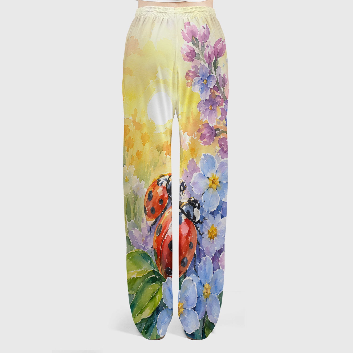 Ladybug Spring Flower Garden Print Scrub Set, Scrub Pants and V Neck Top