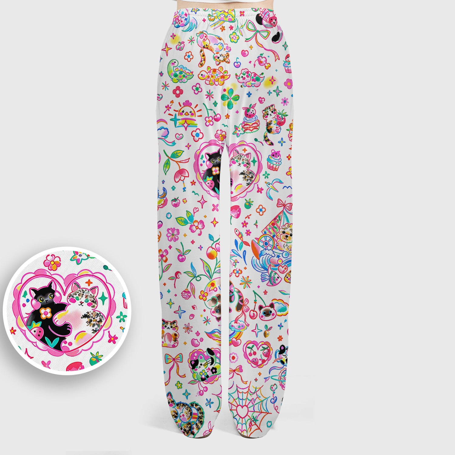 Colorful Kawaii Cat Heart Doodle Pattern Scrub Set, Scrub Pants and V Neck Top