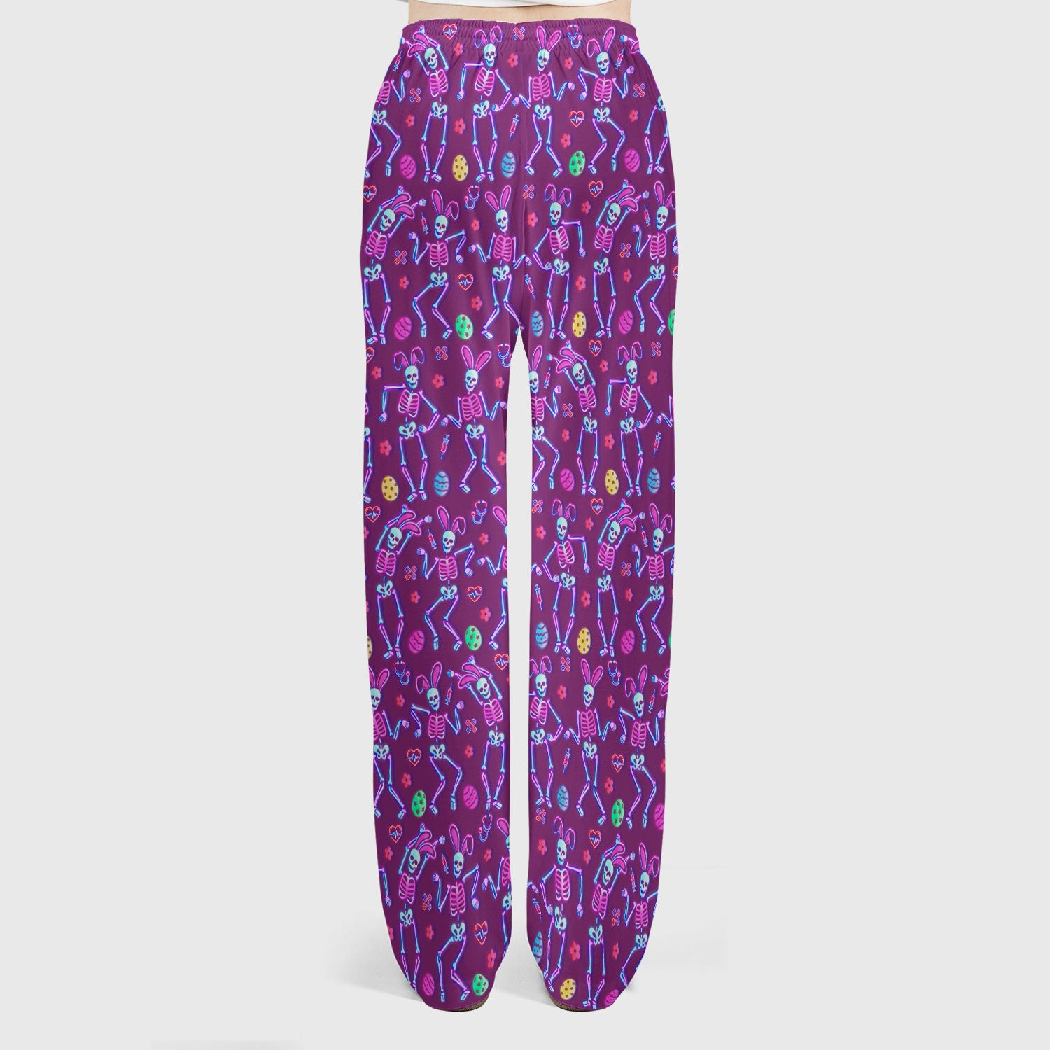 Neon Easter Skeleton Print Scrub Set, Scrub Pants and V Neck Top