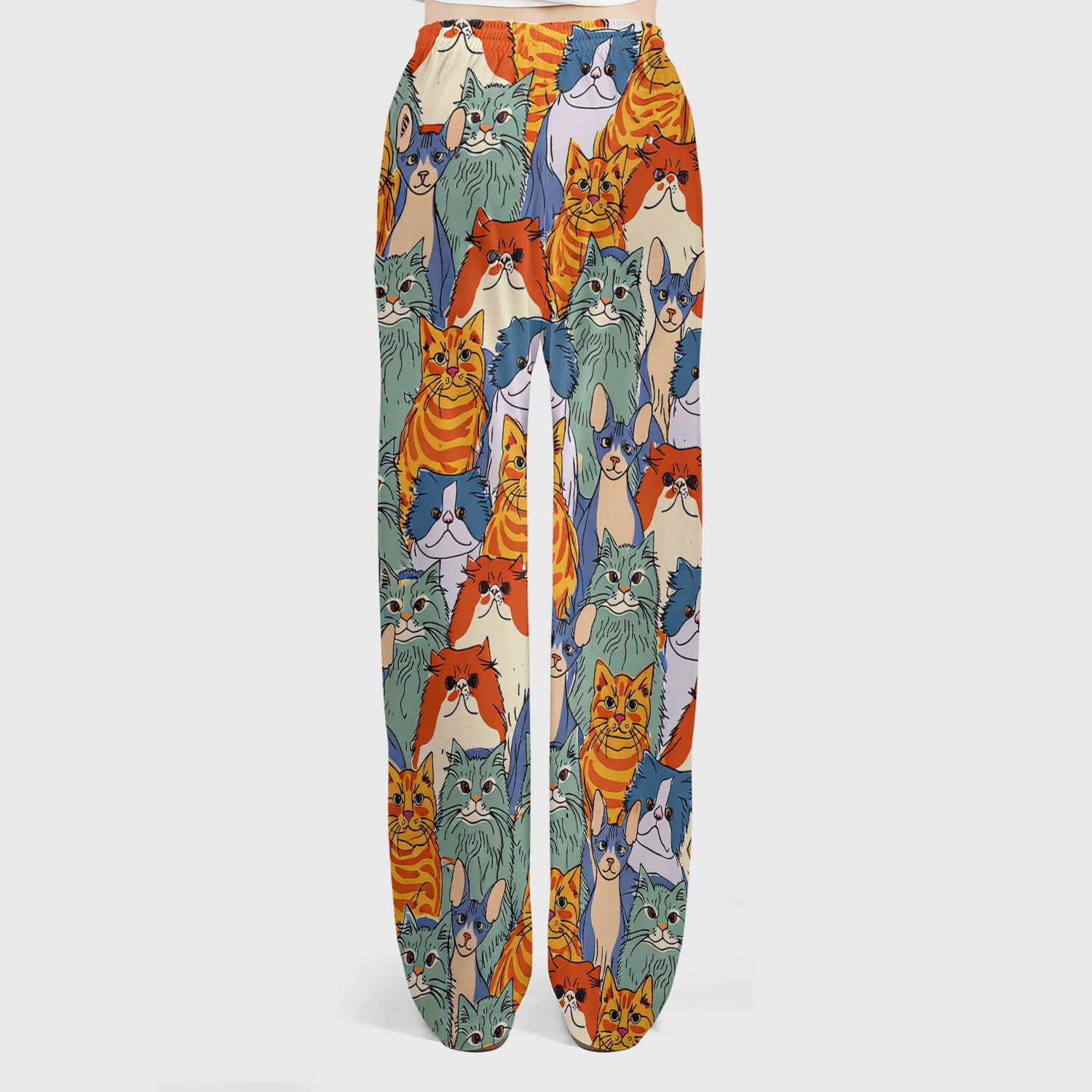 Cute Multicolor Cat Faces Illustration Pattern Scrub Set, Scrub Pants and V Neck Top