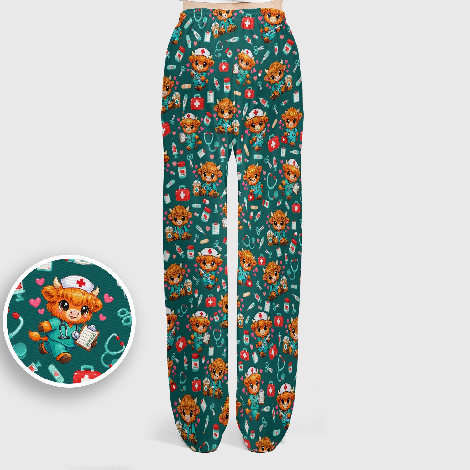 Cute Highland Cow Nurse Scrub Set, Kawaii Medical Pattern Shirt, Breathable Fabrics Nursing Uniform