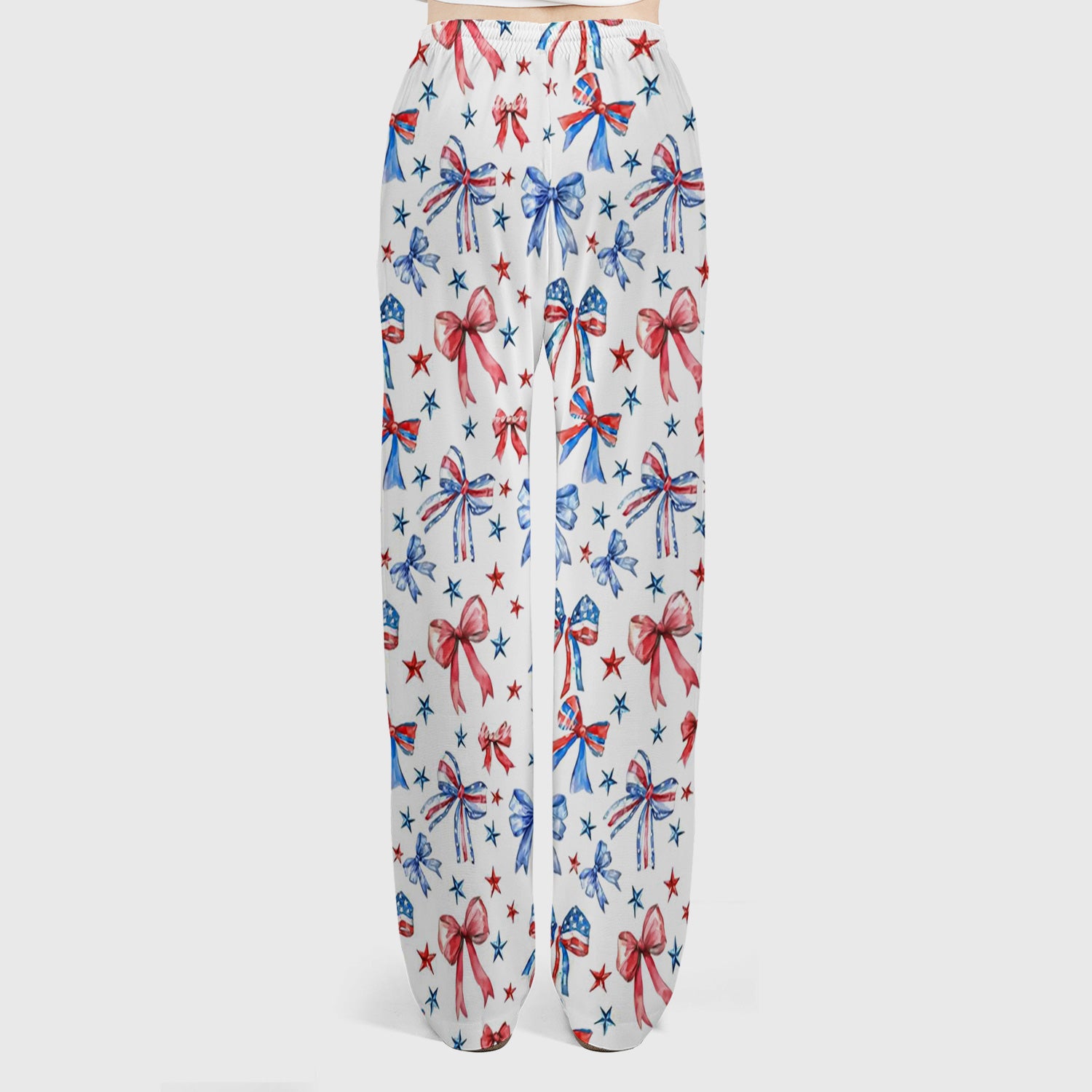 Festive Patriotic Ribbon Bow Star Pattern Scrub Set, Scrub Pants and V Neck Top