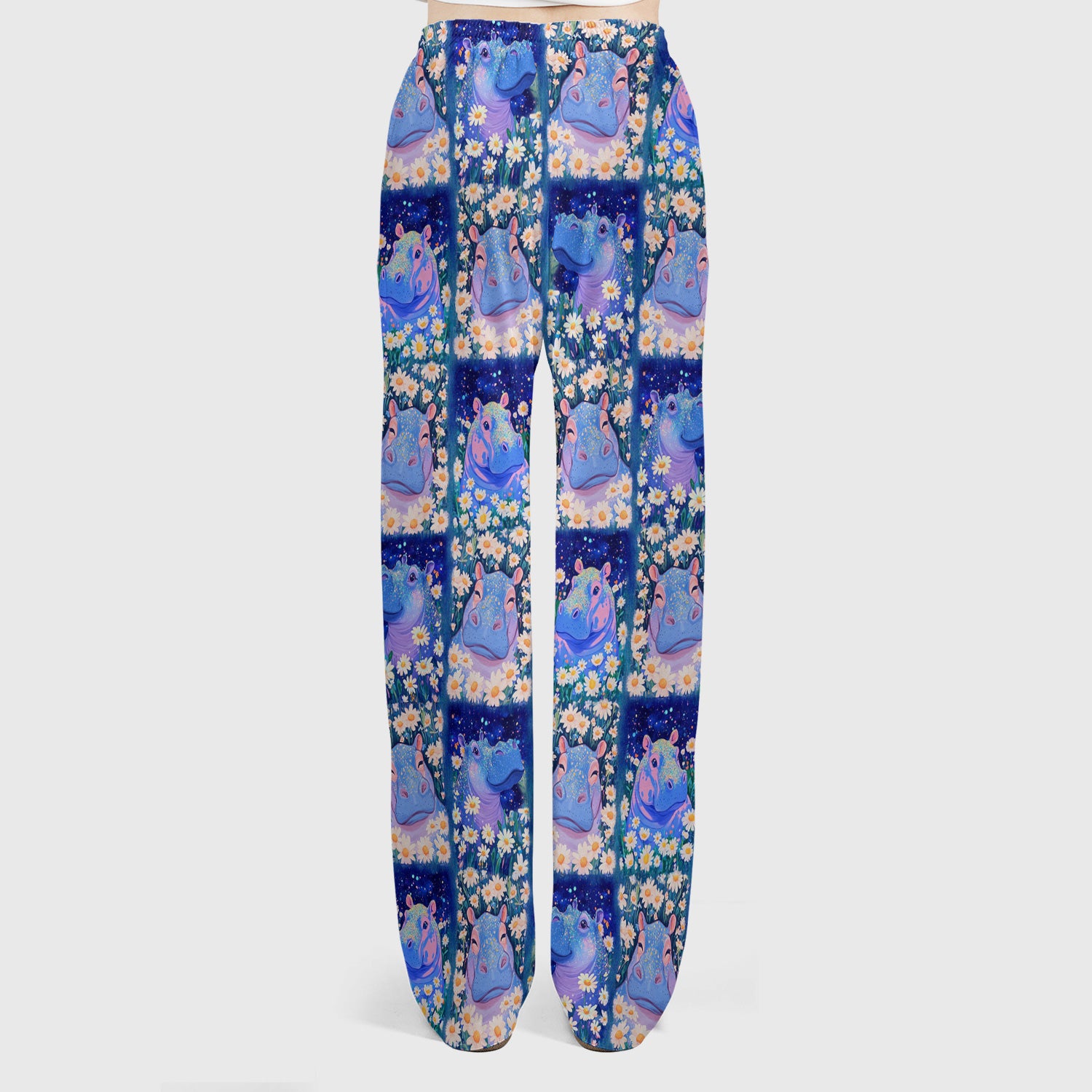 Cute Hippo Daisy Floral Patchwork Scrub Set, Scrub Pants and V Neck Top