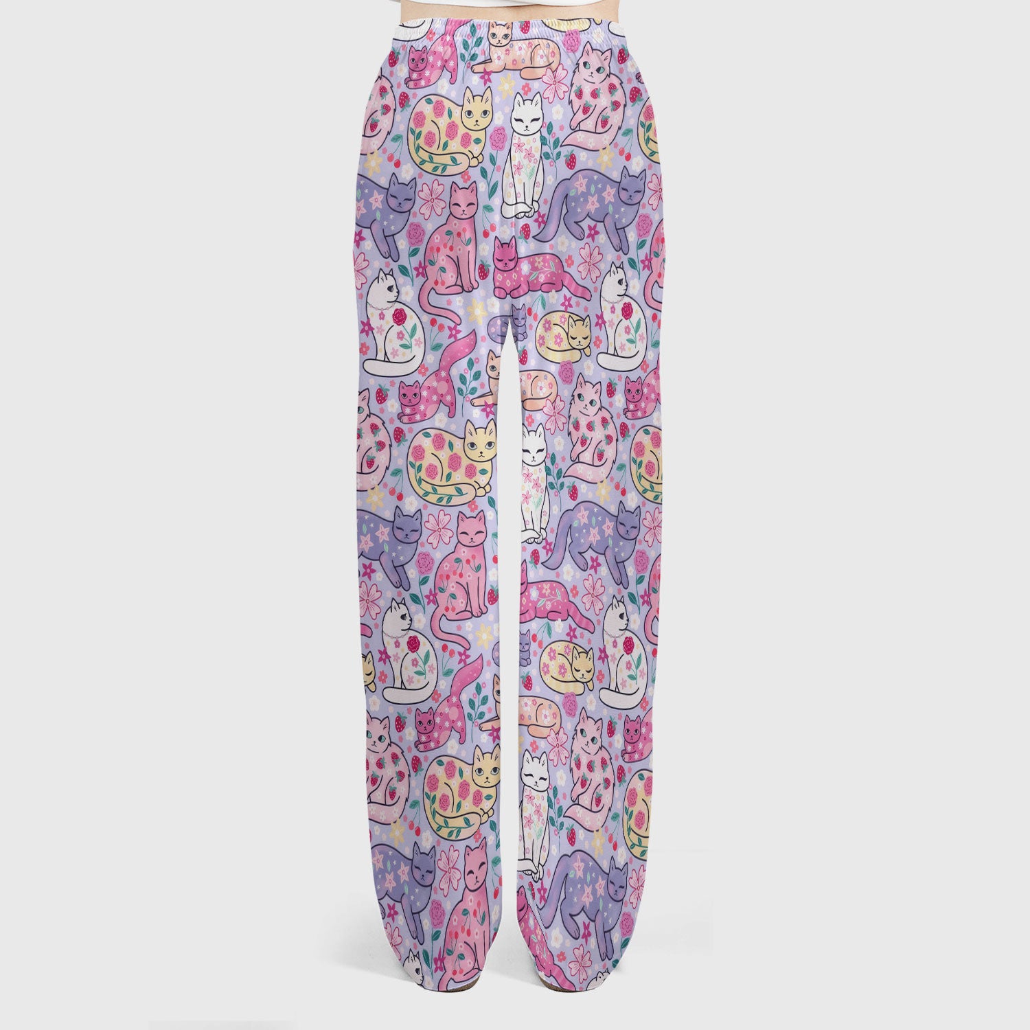 Funny Colorful Pastel Cats Floral Strawberry Print Set, Women's Scrub Sets