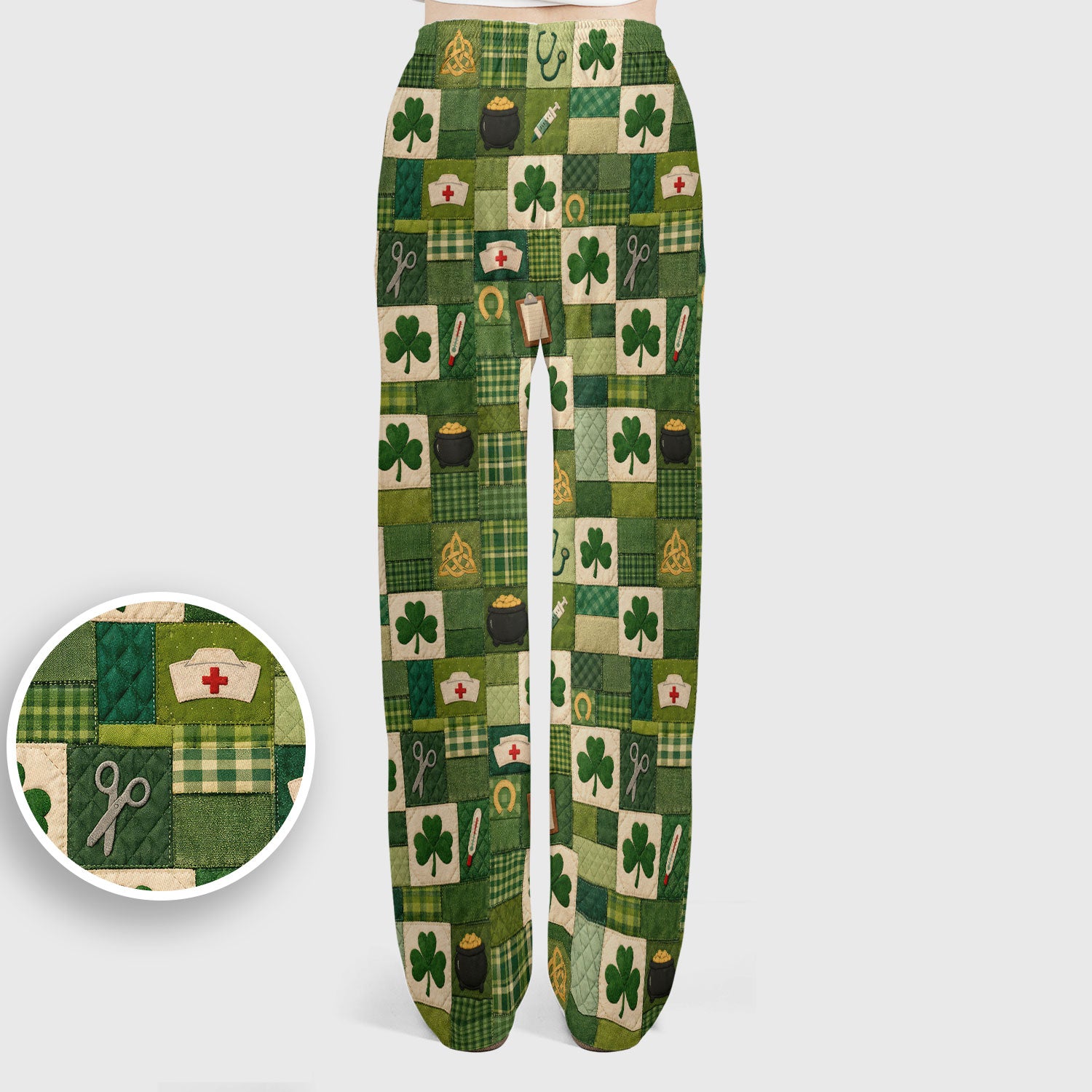 St Patrick Medical Patchwork Shamrock Scrub Set, Scrub Pants and V Neck Top