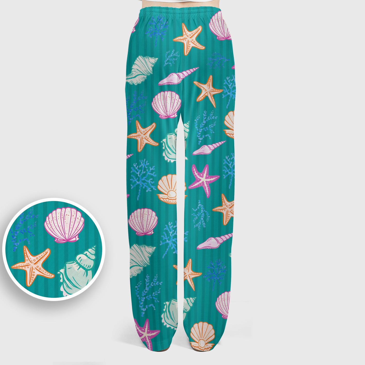 Colorful Seashell Starfish Ocean Stripe Pattern Scrub Set, Women's Scrub Sets