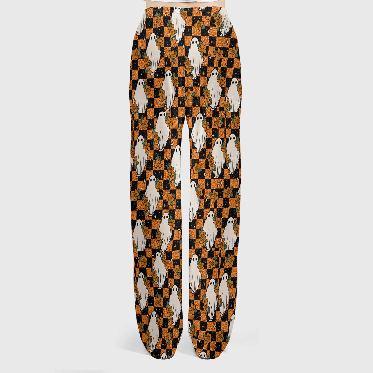 Spooky Halloween Ghost Checkerboard Scrub Set, Scrub Pants and V Neck Top