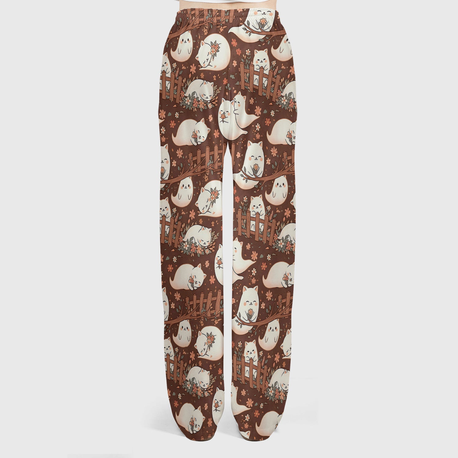 Floral Cat with Garden Fence Print Scrub Set, Scrub Pants and V Neck Top