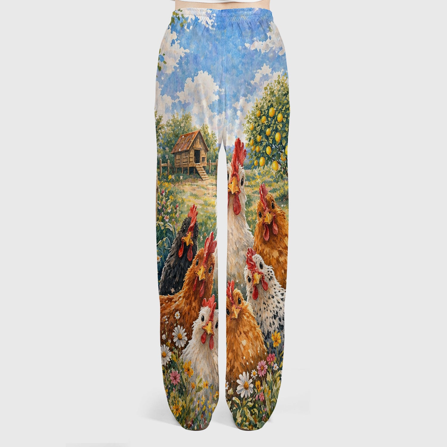 Rustic Chicken Family Farm Garden Pattern Nurse Scrub Set, Scrub Pants and V Neck Top