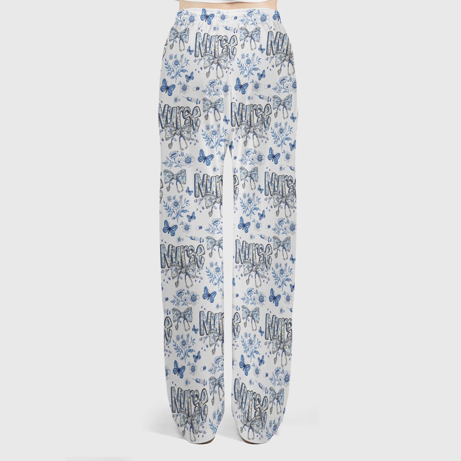 Blue Nurse Bow Butterfly Floral Pattern Scrub Set,  Breathable Med Uniform