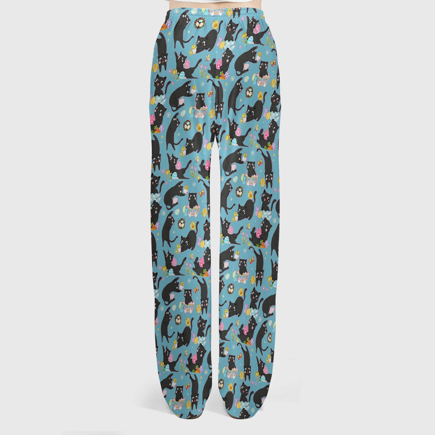 Playful Black Cat Easter Egg Pattern Scrub Set, Scrub Pants and V Neck Top