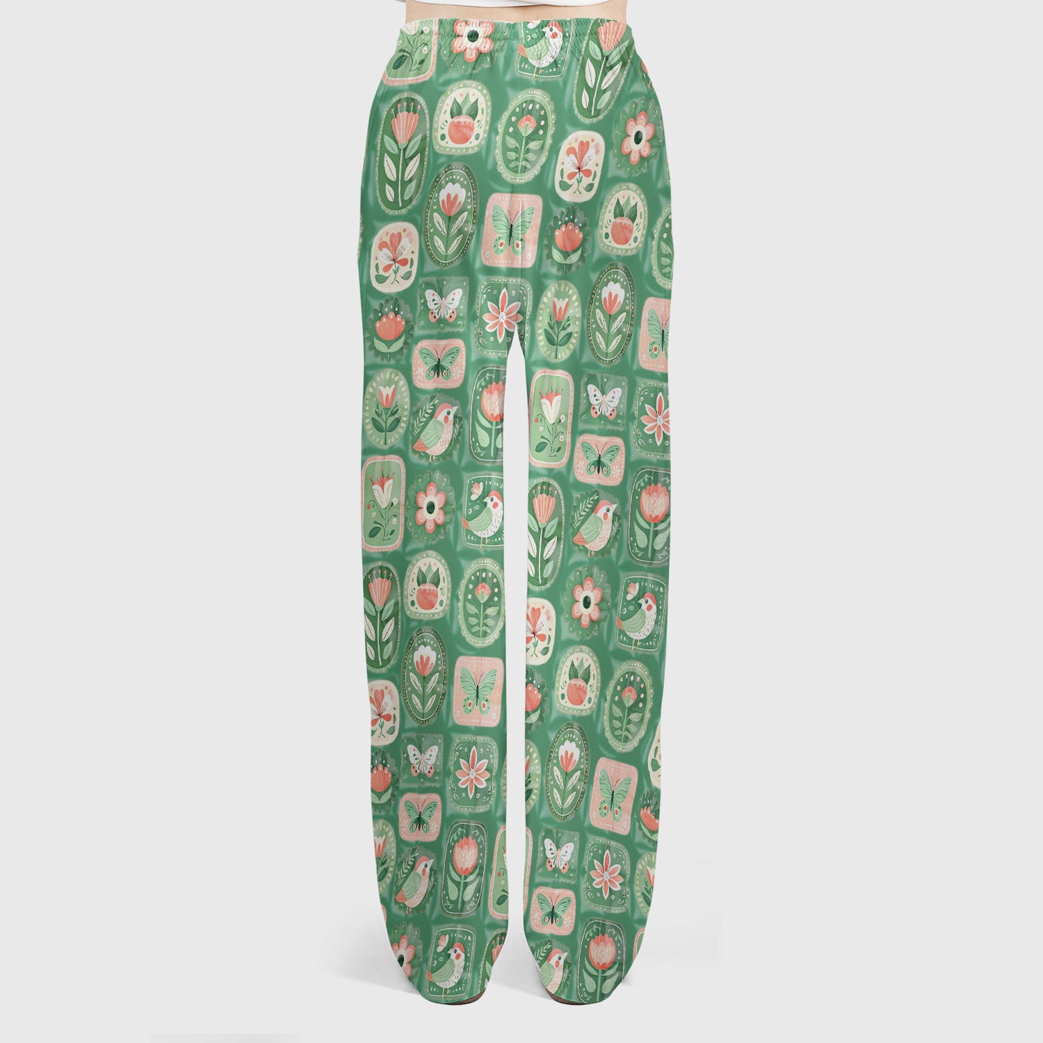 Folk Art Floral Bird Butterfly Garden Pattern Scrub Set, Scrub Pants and V Neck Top