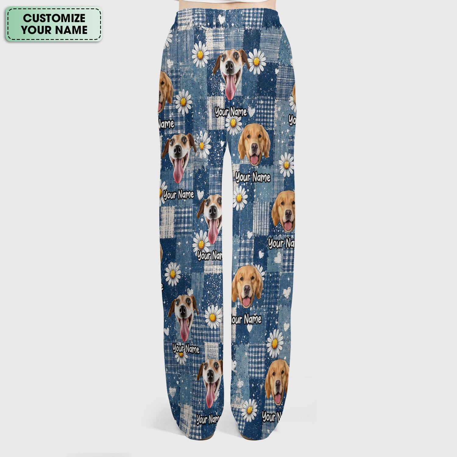 Personalized Cute Dog Portrait On Blue Patchwork Daisy Pattern Scrub Set, Scrub Pants and V Neck Top