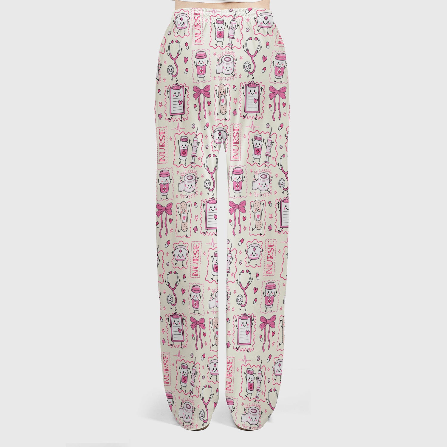 Cute Nurse Doodle with Bandage & Coffee Icons Scrub Set, Scrub Pants and V Neck Top