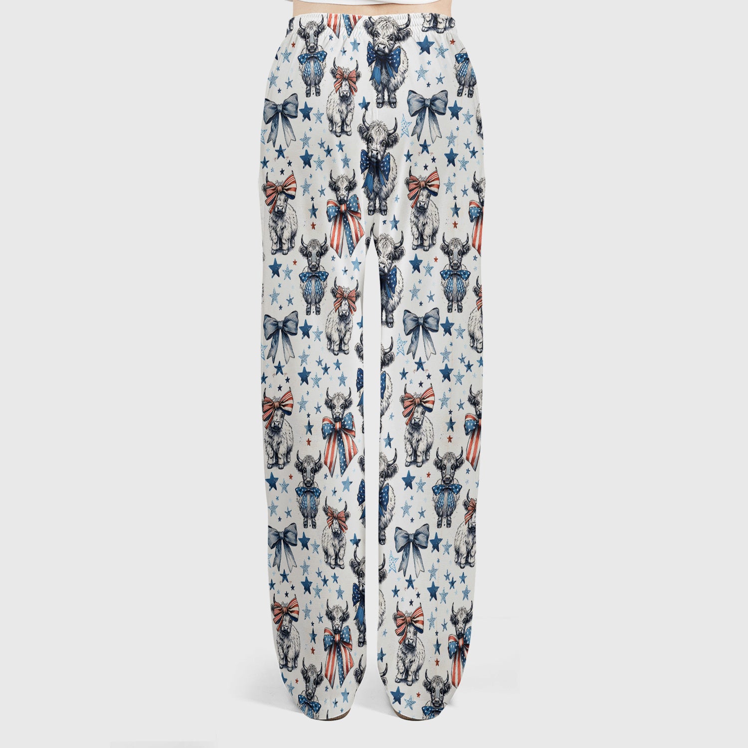 Patriotic Highland Cow Stars Pattern Scrub Set, Scrub Pants and V Neck Top