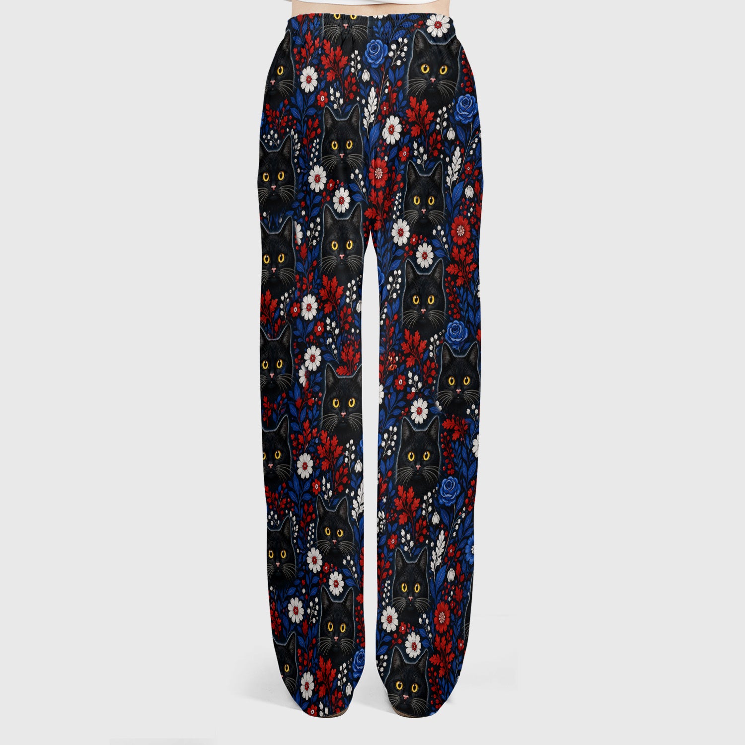 Black Cat Floral Nurse Pattern Scrub Set, Scrub Pants and V Neck Top