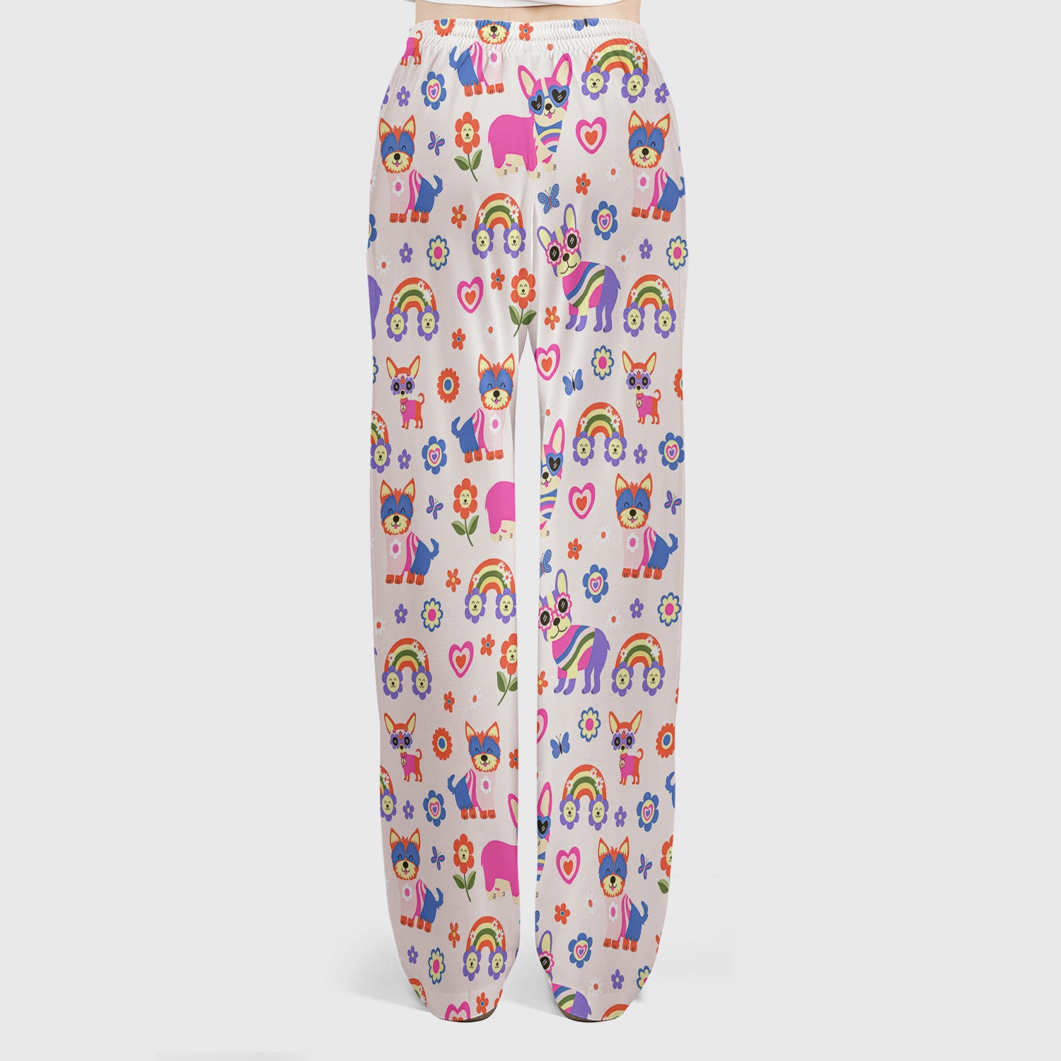 Colorful Cartoon Dogs With Rainbow Flowers Pattern Pattern Scrub Set, Scrub Pants and V Neck Top
