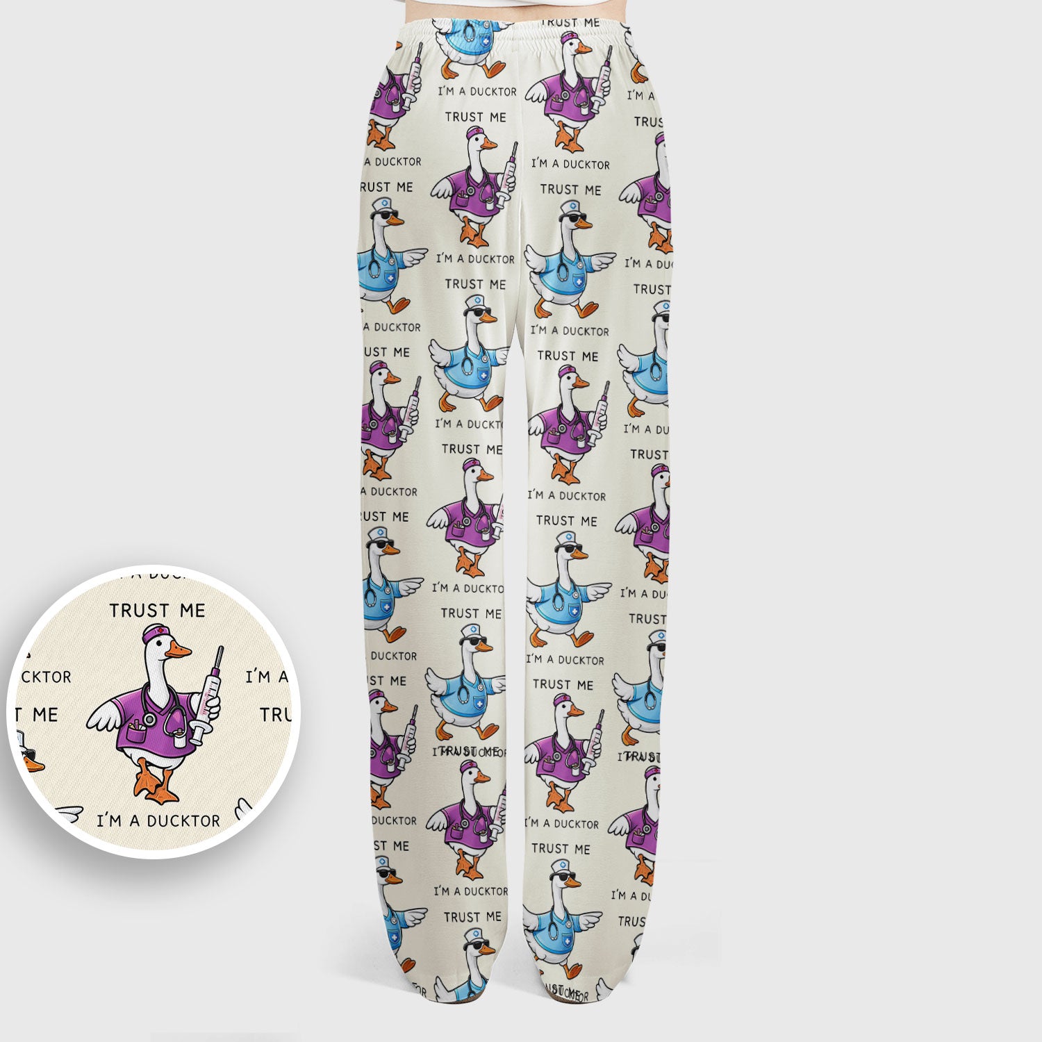 Funny Duck Cartoon Medical Pattern Scrub Set, Scrub Pants and V Neck Top