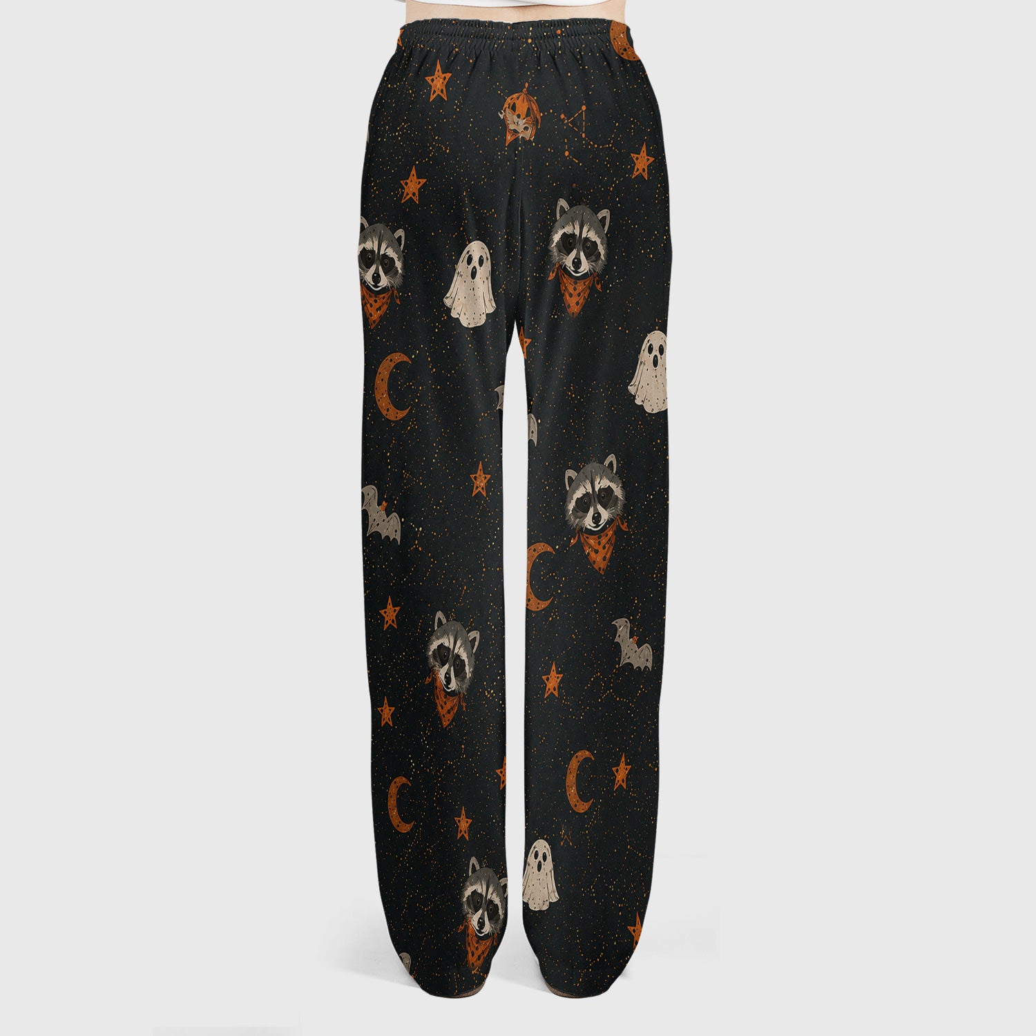 Ghost Pumpkin Raccoon Pattern Scrub Set, Scrub Pants and V Neck Top
