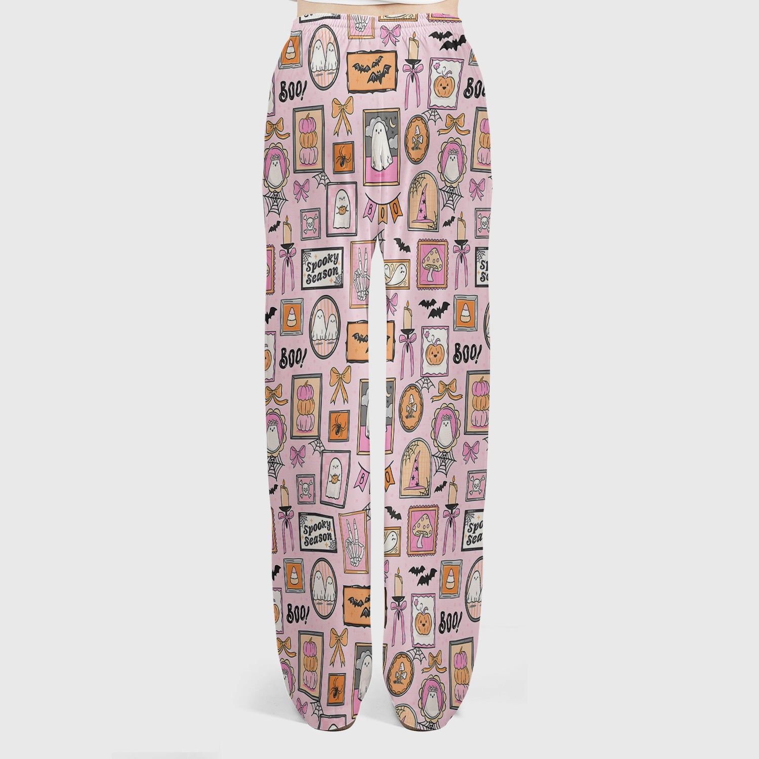 Pink Halloween Ghost Gallery Print Scrub Set, Scrub Pants and V Neck Top