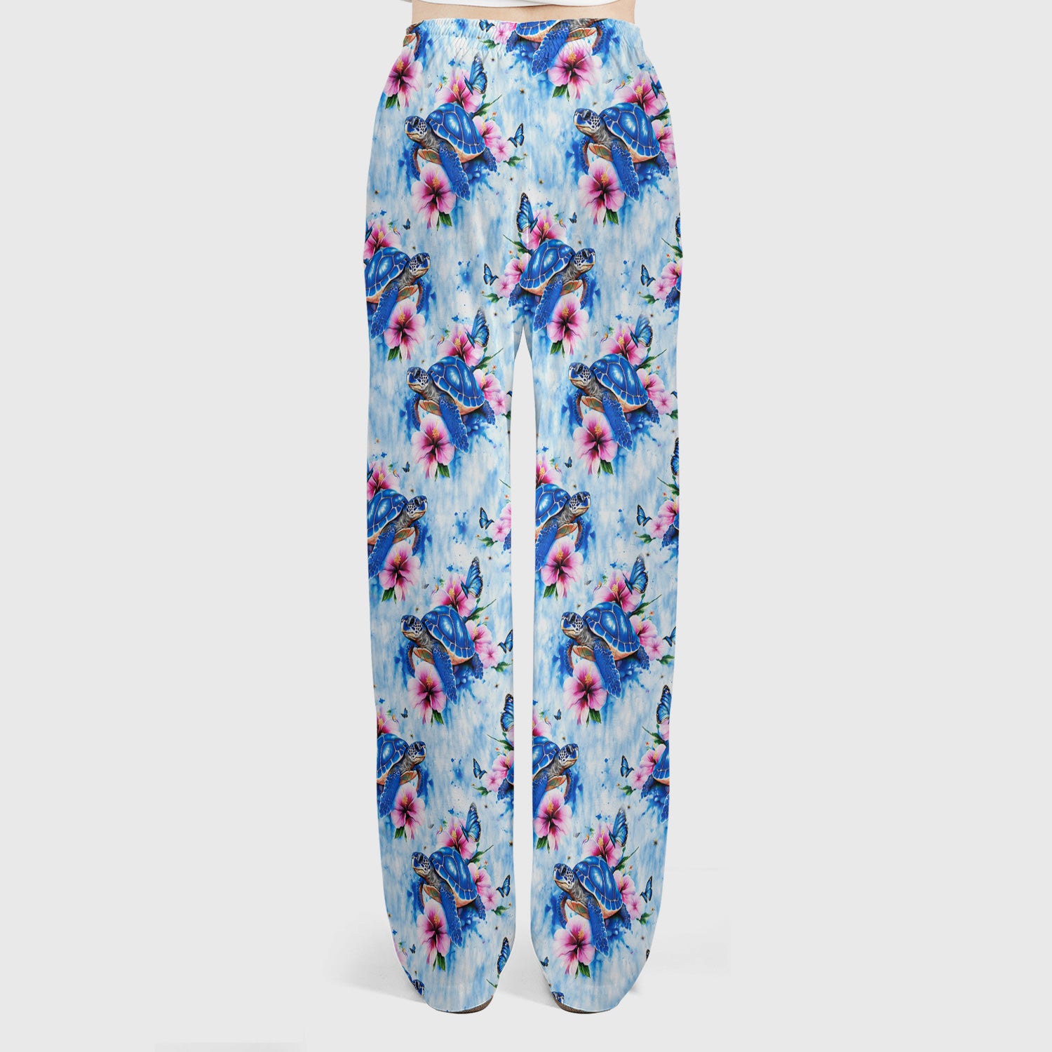 Blue Sea Turtle Hibiscus Butterfly Print Scrub Set, Scrub Pants and V Neck Top