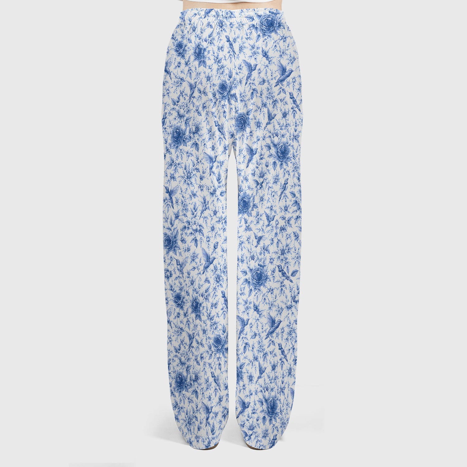 Blue Floral Hummingbird Toile Pattern Scrub Set, Scrub Pants and V Neck Top