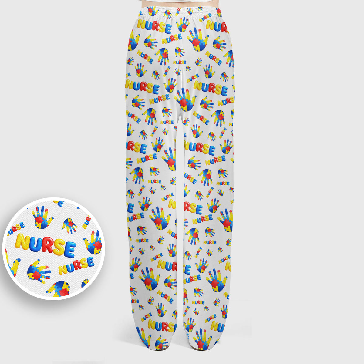 Colorful Autism Handprint Nurse Pattern Scrubs Set, Scrub Pants and V Neck Top
