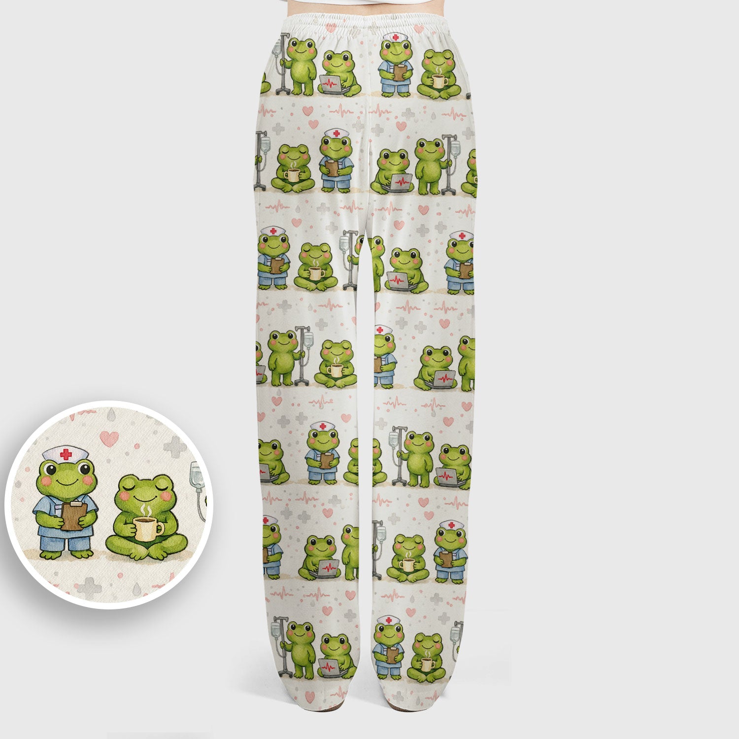 Adorable Frog Nurse Various Poses Print Scrub Set, Breathable Med Uniform