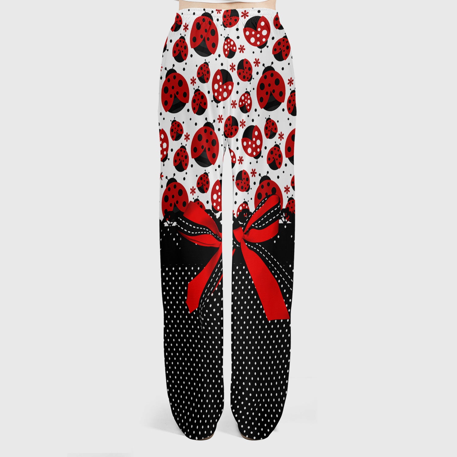 Cute Ladybug Red Ribbon Polka Pattern Scrub Set, Scrub Pants and V Neck Top