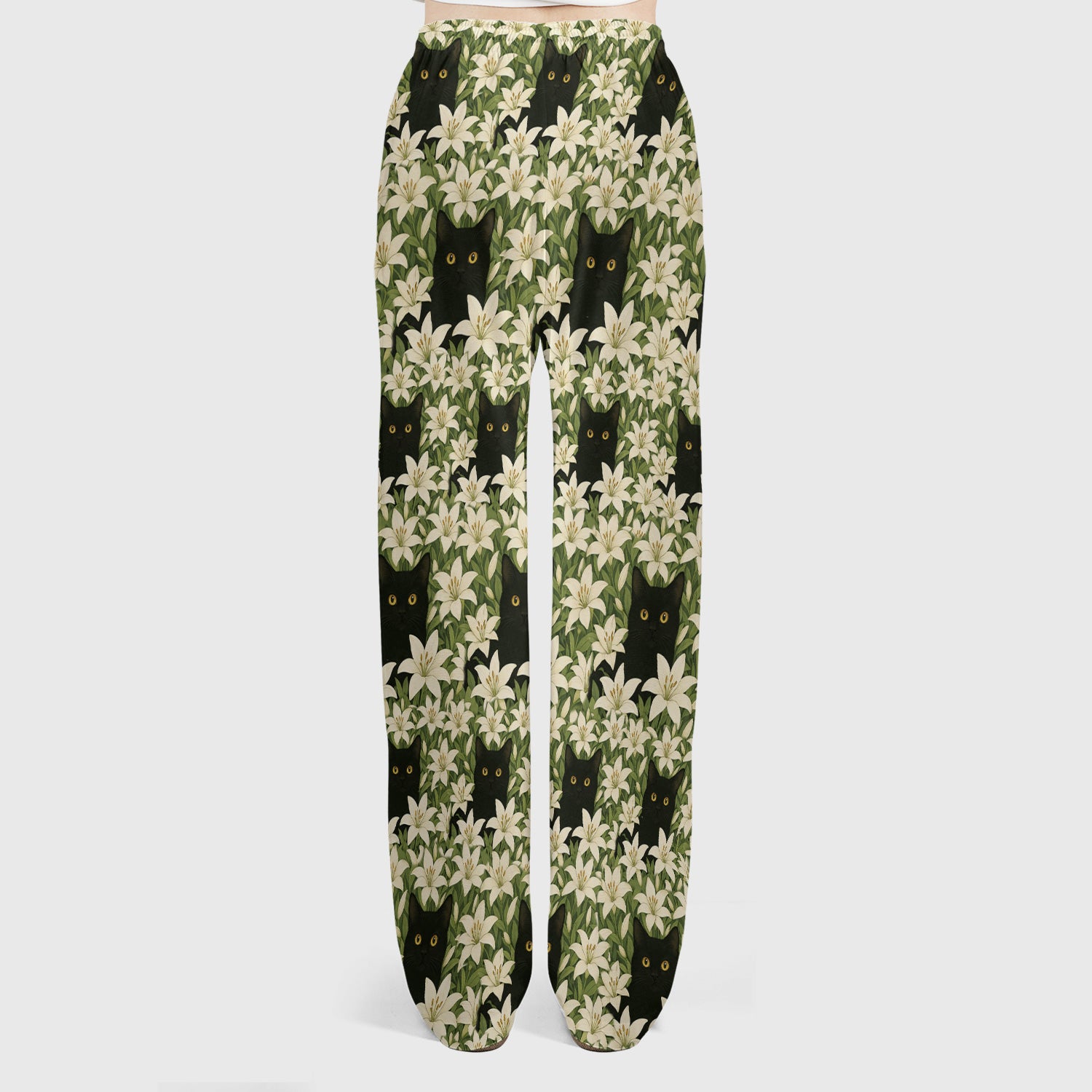Black Cat Hidden In Lily Garden Pattern Scrub Set, Scrub Pants and V Neck Top